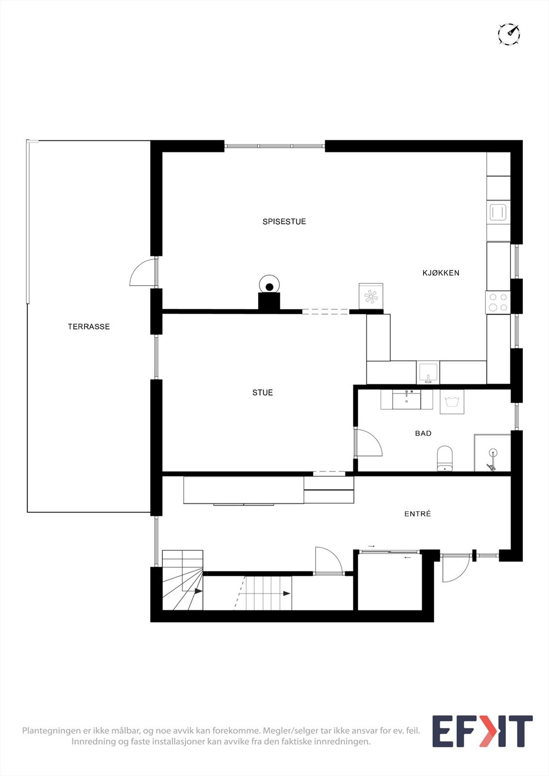 Plantegning for 1. etasje, som rommer stue, kjøkken, bad, entré og ett soverom. Galleribilde