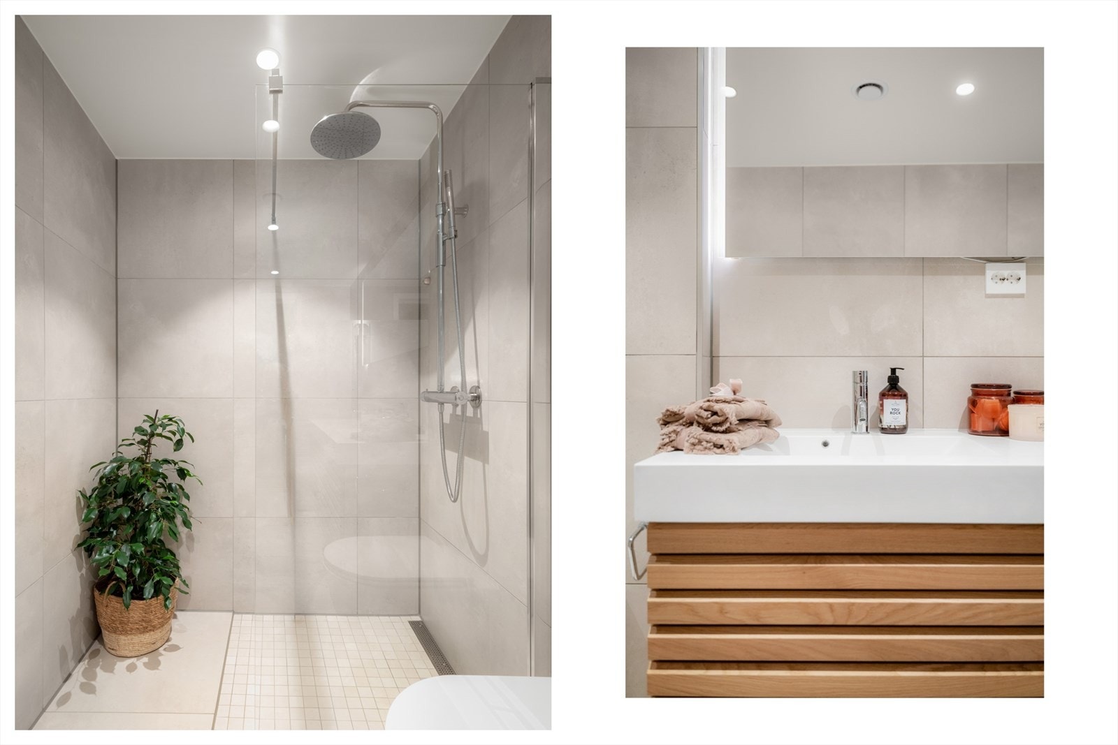 Badet er delikat og innbydende med lekre fliser i tidløs fargetone. Påkostet dusjløsning som gir en deilig spafølelse. Lekkert speil med innfelt LED-belysning. Galleribilde