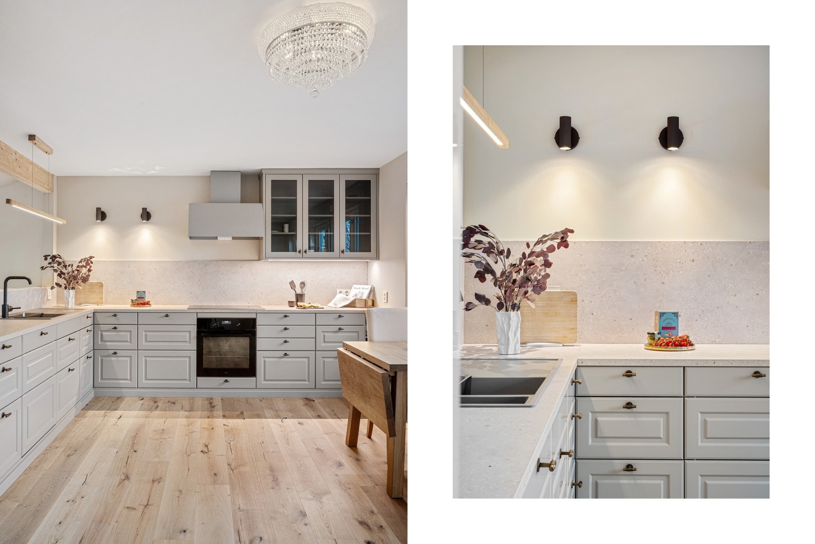 Ny kjøkkeninnredning fra Drømmekjøkkenet med profilerte fronter/vitrineskap, benkeplate i laminat og nedfelt vask med skyllekum Galleribilde