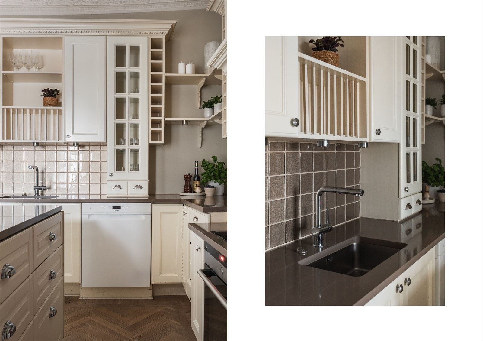 Kjøkkeninnredningen har lekre og praktiske detaljer, med småskuffer i benkehøyde, tallerkenhylle og flislagte sprutflater. Galleribilde