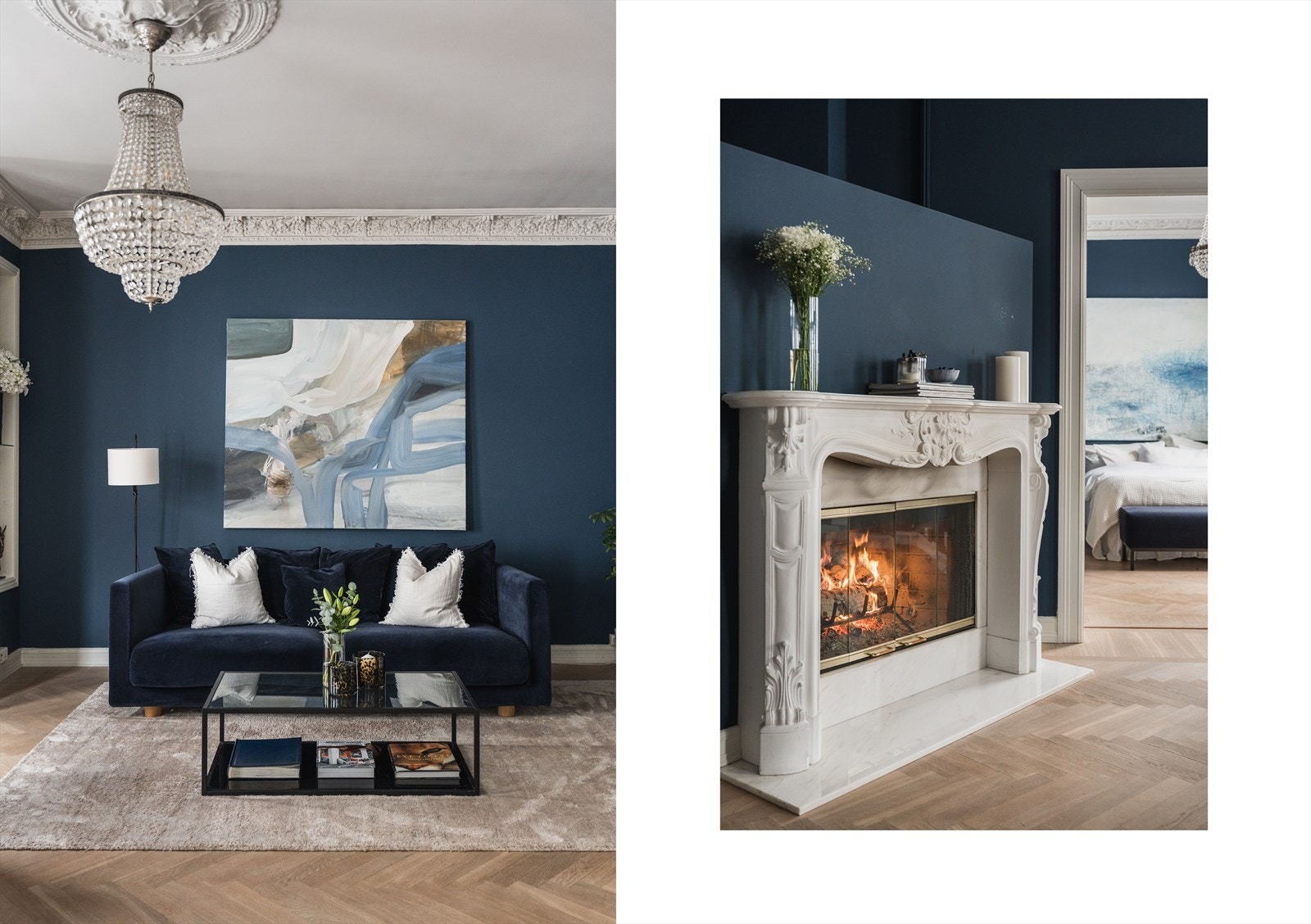 Boligen fremstår som innbydende, og har en lekker peis i stue. De klassiske detaljene som stukkatur og rosetter er bevart. Galleribilde