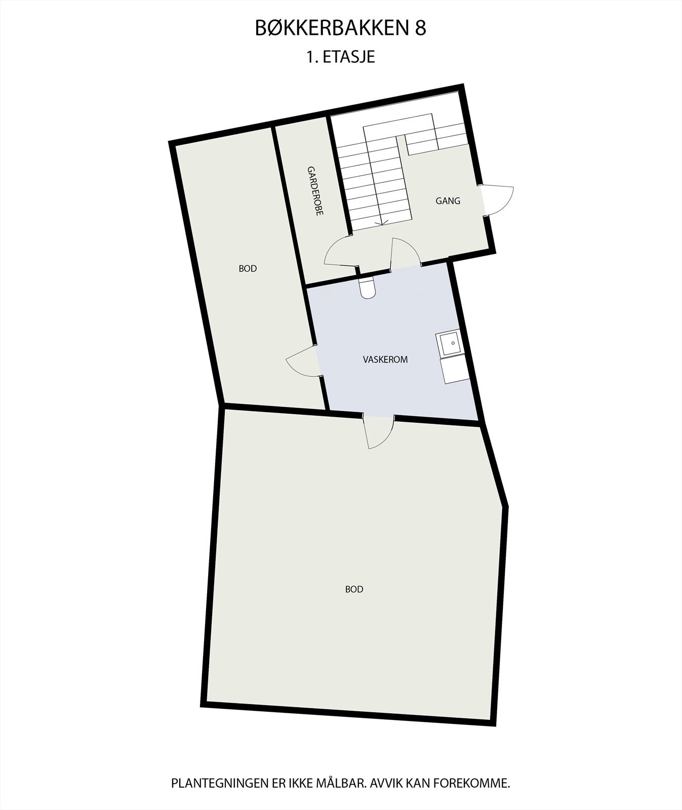 Plantegning - 1. etasje. Området som er betegnet som den største boden har synlig fjellgrunn og er ikke utgravd. Galleribilde