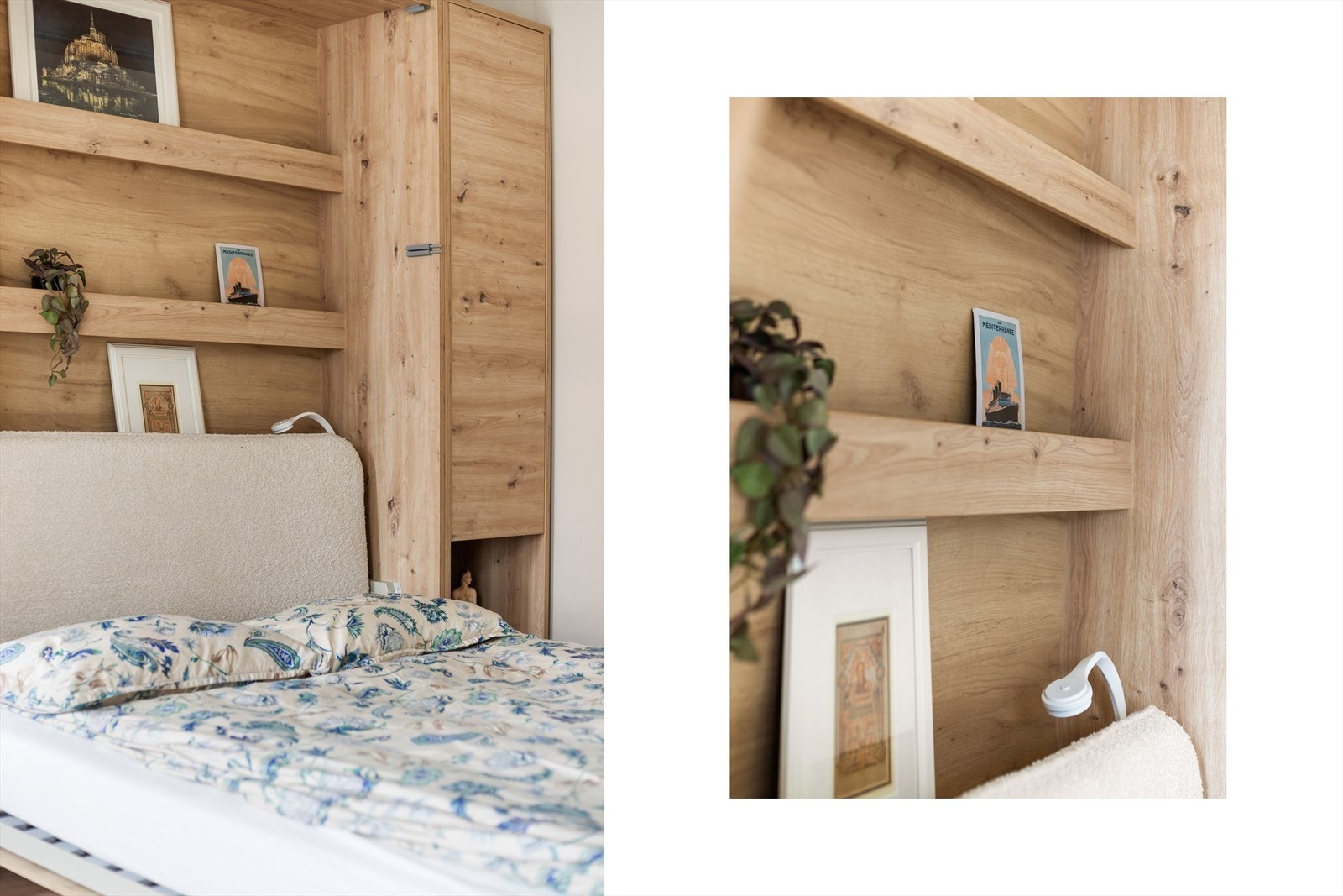 Sengen har integrerte hyller for oppbevaring og to skap på hver sin side. Galleribilde