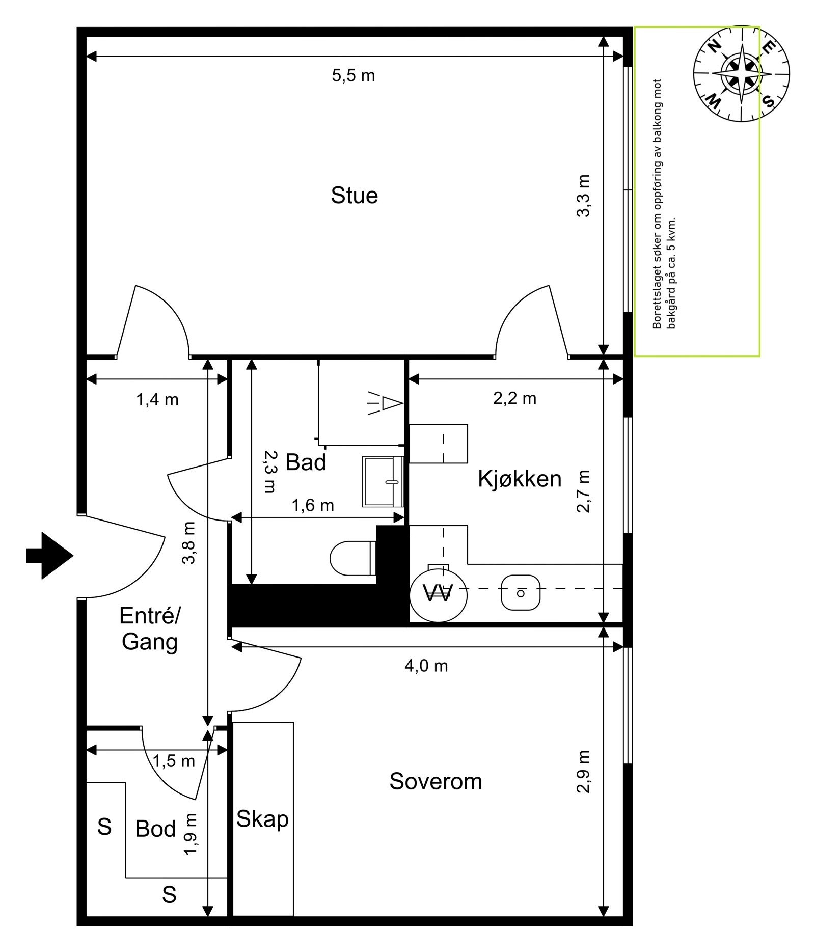 Plantegning. Borettslaget søker om etablering av balkonger på ca. 5 kvm mot bakgården. Tegningen av balkongen er kun ment som inspirasjon og avvik/ endringer kan forekomme. Galleribilde