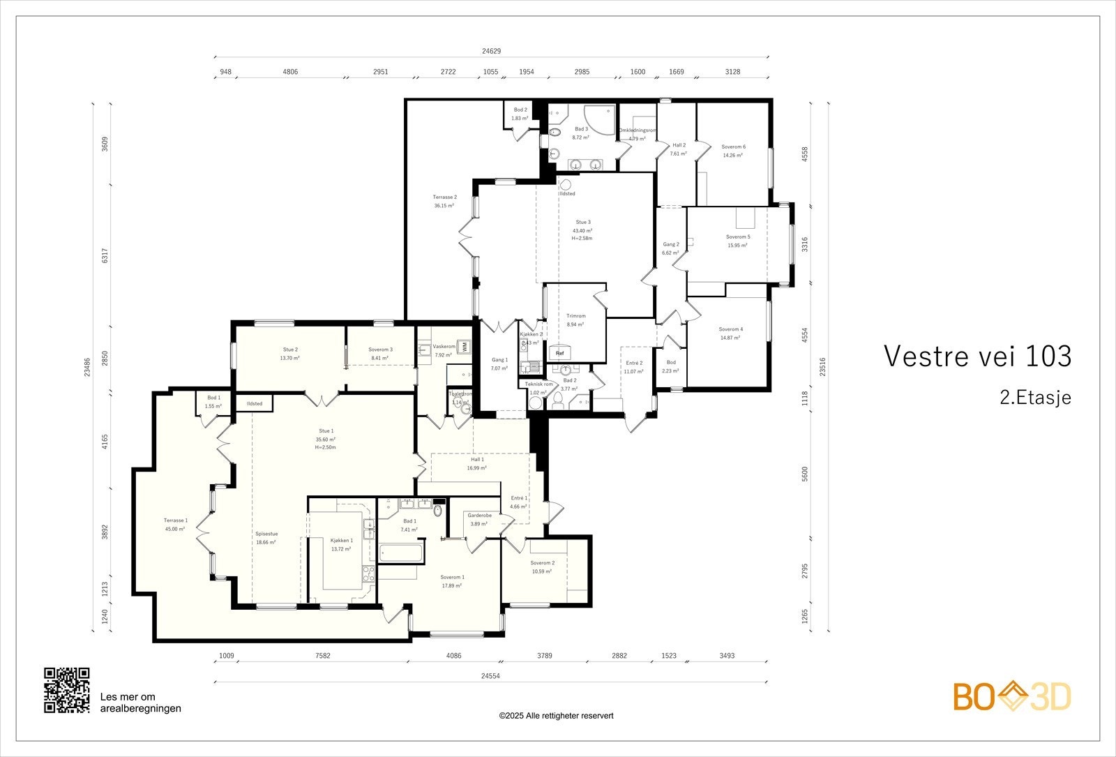 Gult er oppr. leilighet 1 av den totale leiligheten og den andre leilighet 2 som ble sammenføyd Galleribilde