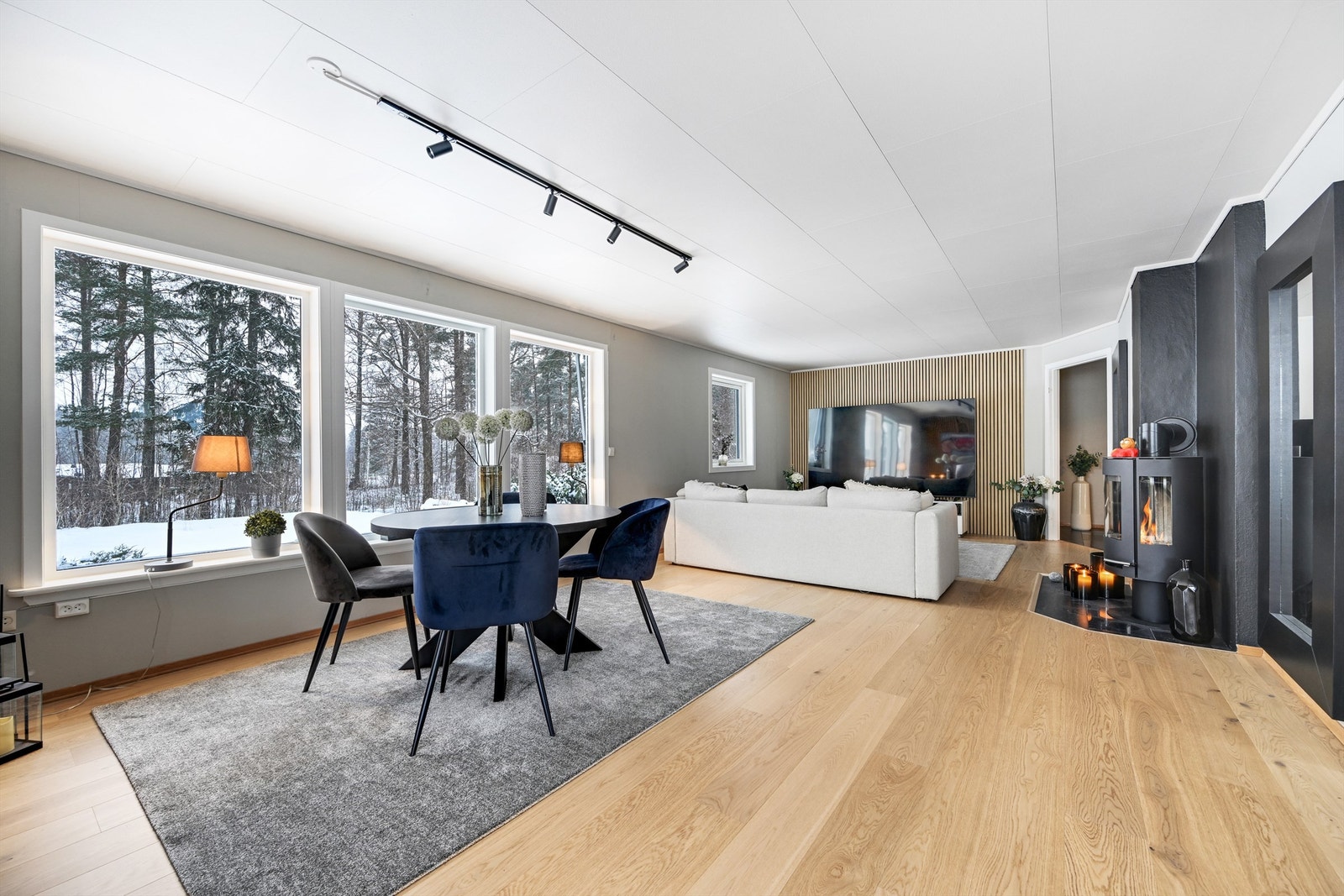 Stor stue-/spisestue m/utgang via. bred dobbeltdør til terrasse og usjenert hage Galleribilde