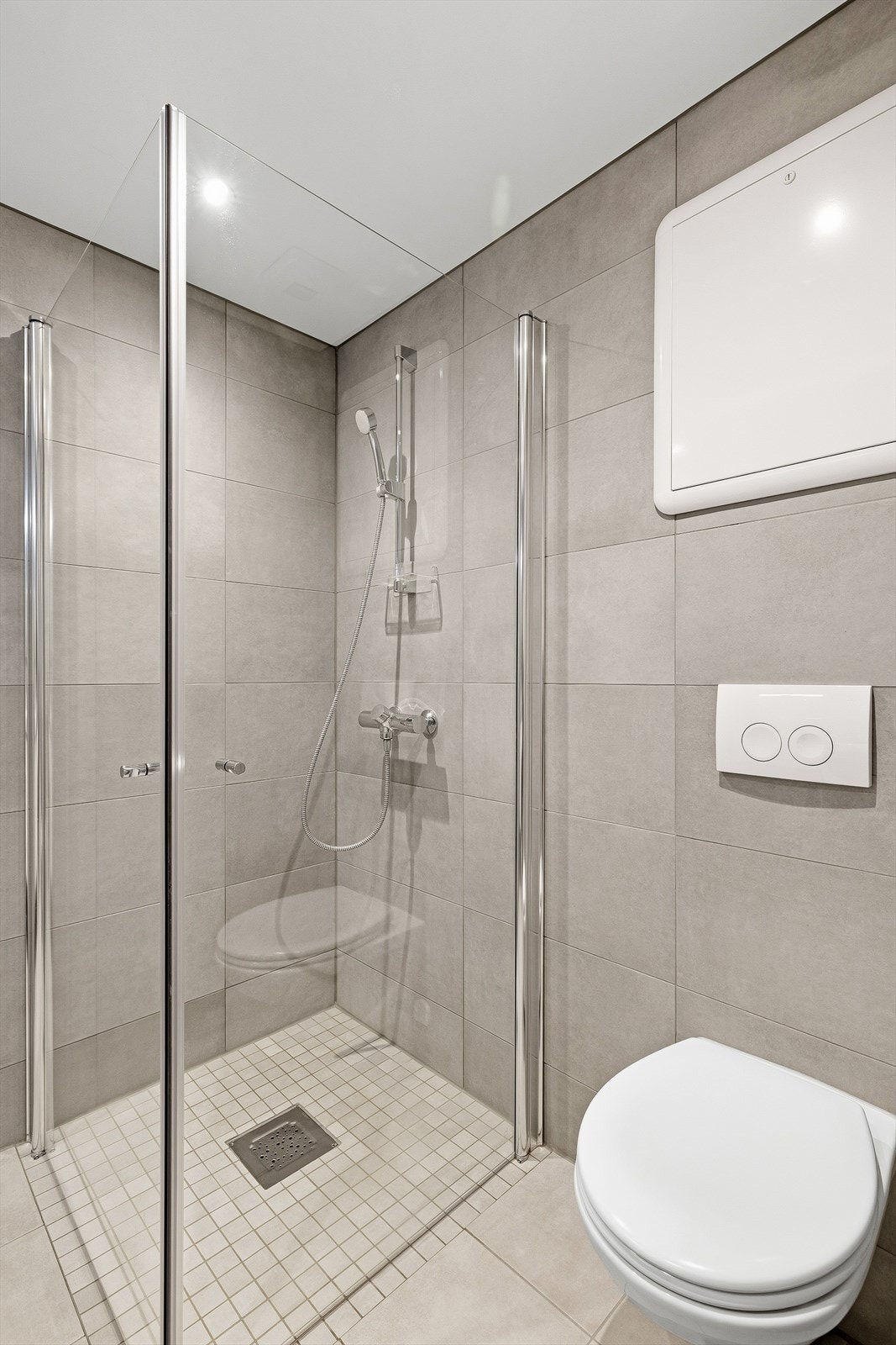 Dusjhjørne med dusjkabinett. Vegghengt toalett Galleribilde