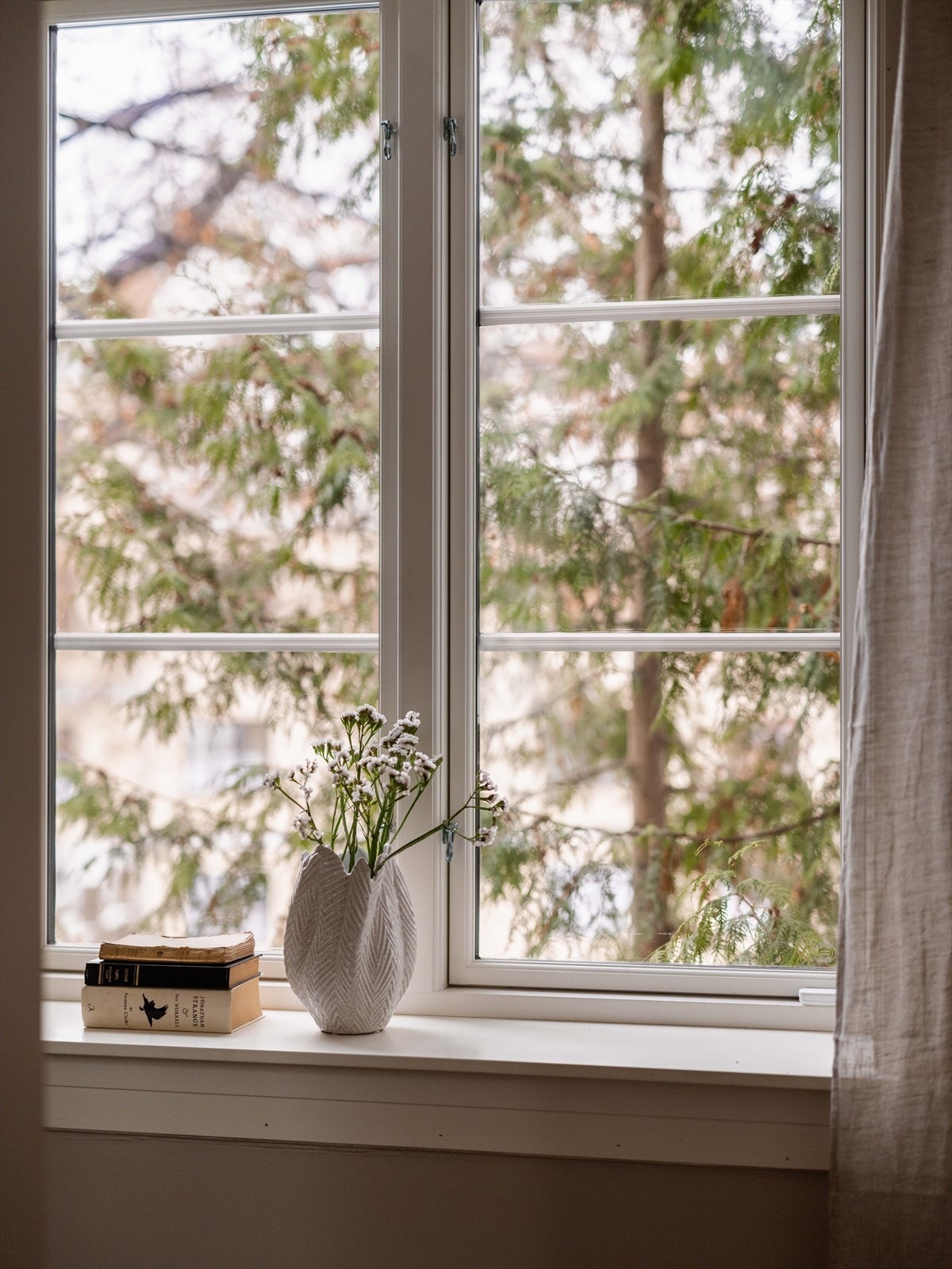 Utsikt mot grønne trær og nabobygninger fra leilighetens vinduer. Galleribilde