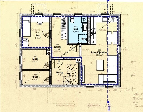 Alternativ planløsning i kjeller skissert av arkitekt som viser etablering av ekstra boenhet. Det presiseres at dette ikke er omsøkt eller godkjent, og kun er ment som et illustrativt forslag som viser eiendommens potensial Galleribilde