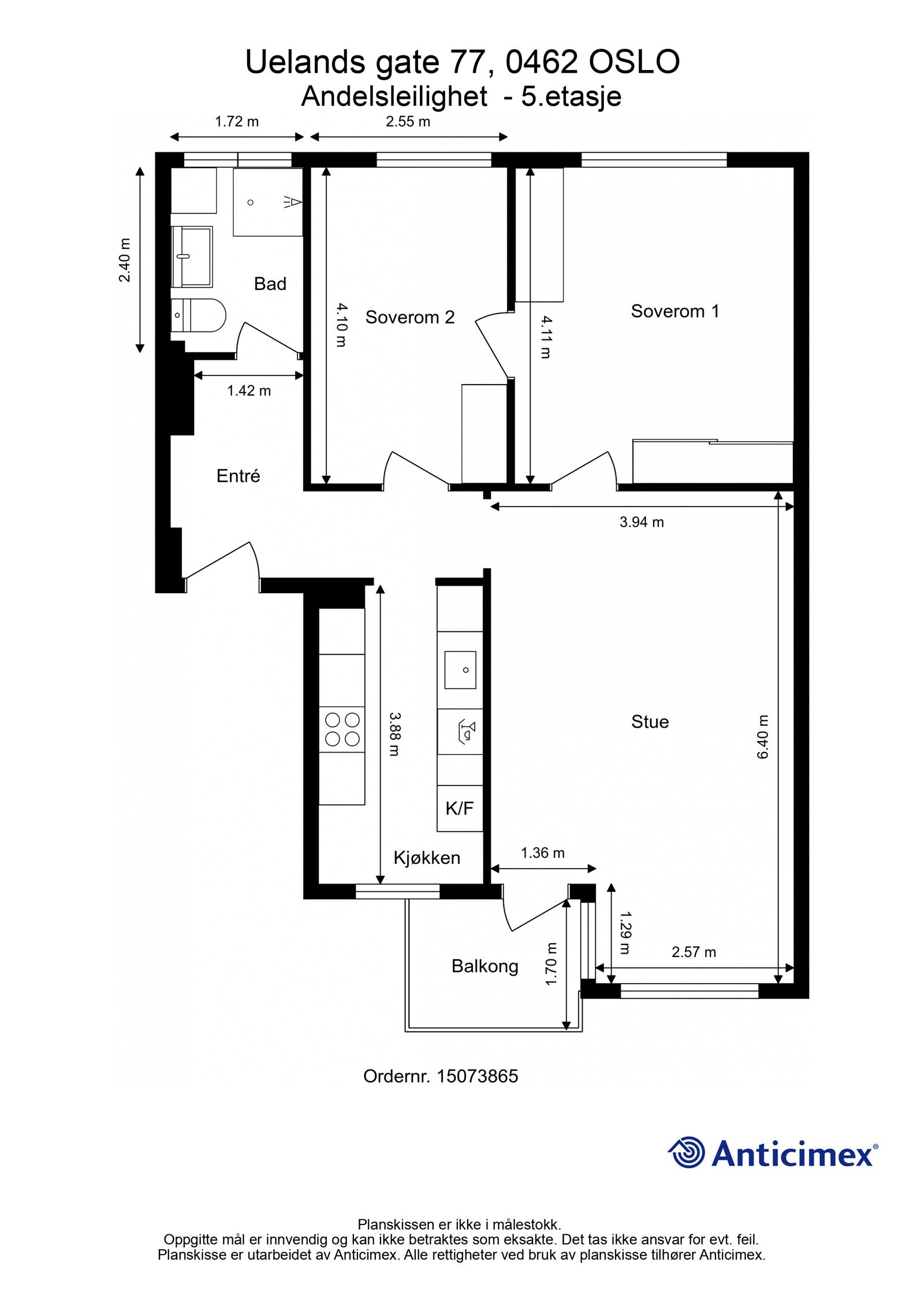 Plantegning. I tillegg disponerer leiligheten to boder, en kjellerbod på ca. 5m² og en loftsbod på ca. 17m² i gulvareal. Galleribilde