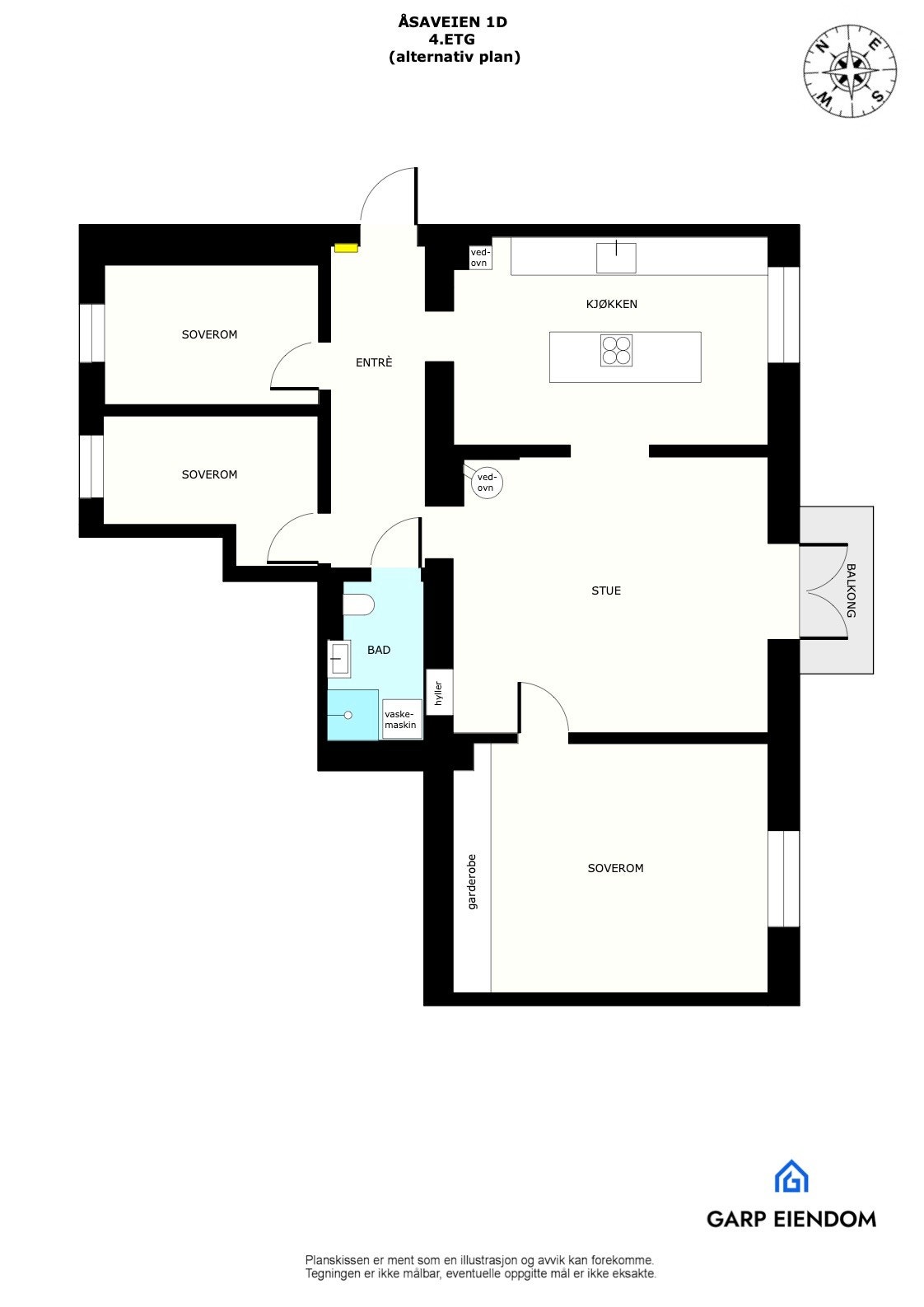 Alternativ planløsning med tre soverom og åpen stue/kjøkkenløsning - Kjøkkenet kan også flyttes til stuen. Galleribilde