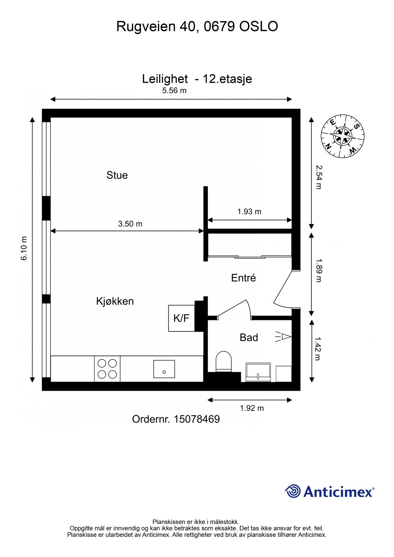 Plantegning 12. etasje. I tillegg disponerer leiligheten en kjellerbod på ca. 1m², samt en loftsbod på ca. 3m². Galleribilde
