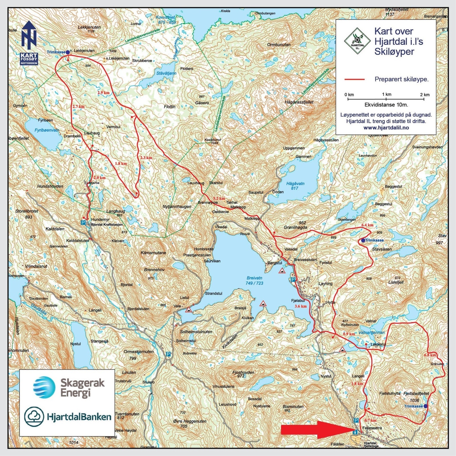 Her er kart over hvor ca. skiløypene går. Hytta ligger omtrent ved den røde pila. Galleribilde