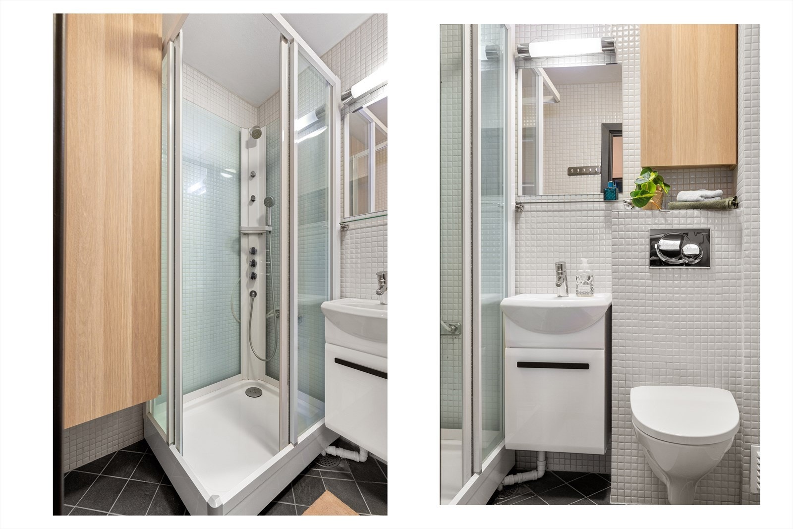 Innredning bestående av skapinnredning med nedfelt servant og ettgreps blandebatteri, veggmontert toalett, samt dusjkabinett med skyvedører, vegghengt skap samt varmekabler i gulvet som sørger for en god start på dagen. Galleribilde