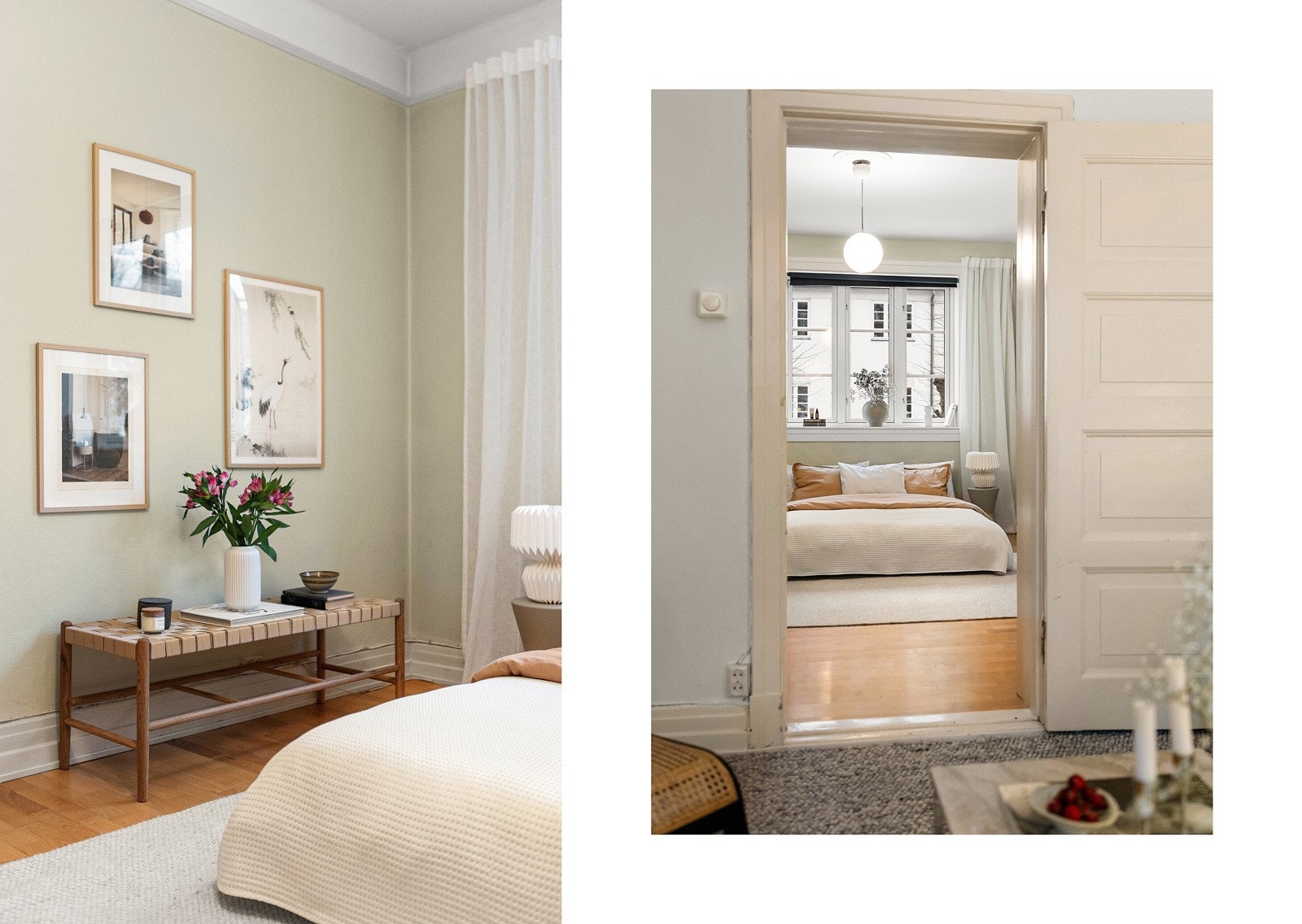 Soverom med plass til dobbeltseng og tilhørende møbler, med rolige farger som inviterer til hvile. Galleribilde