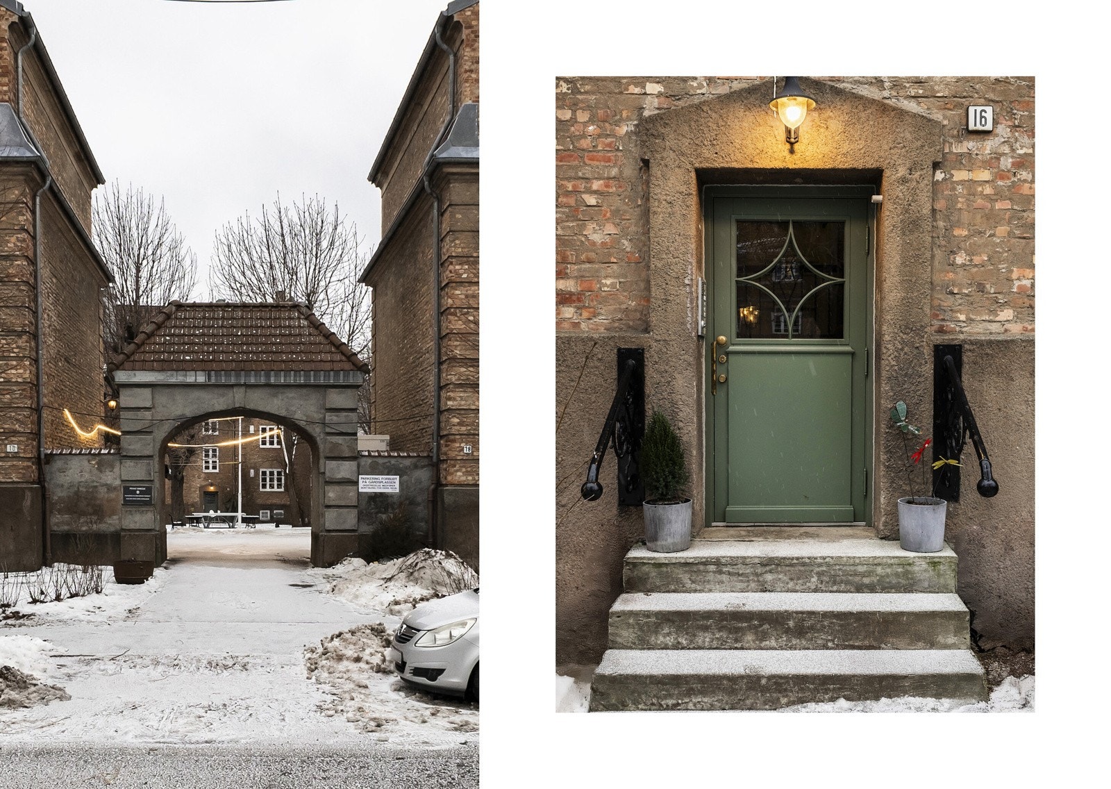 Inngangsparti til bygget med klassisk hagebyarkitektur og skjermet adkomst. Galleribilde