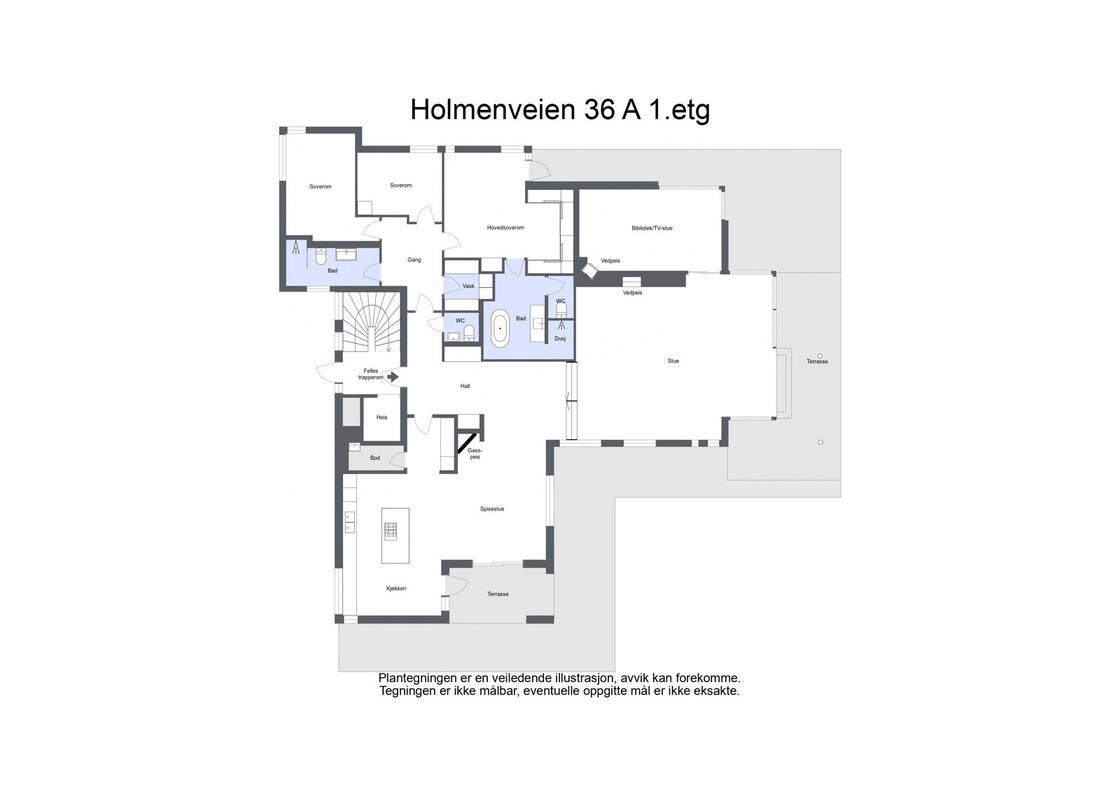 Leiligheten er på 260 kvm på ett plan, og holder en gjennomgående høy standard etter diverse oppgraderinger de senere år. Galleribilde
