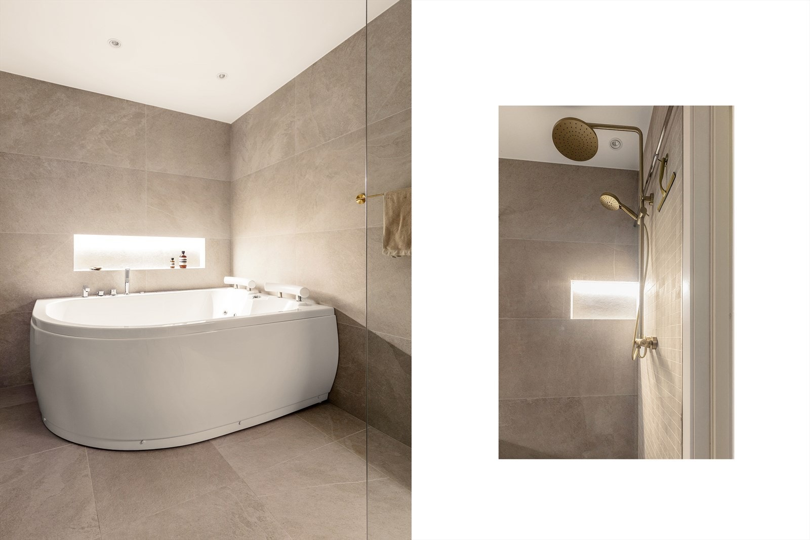 Dusjhjørne med regndusj og delikate LED-striper i nisjene skaper en behagelig atmosfære. Galleribilde