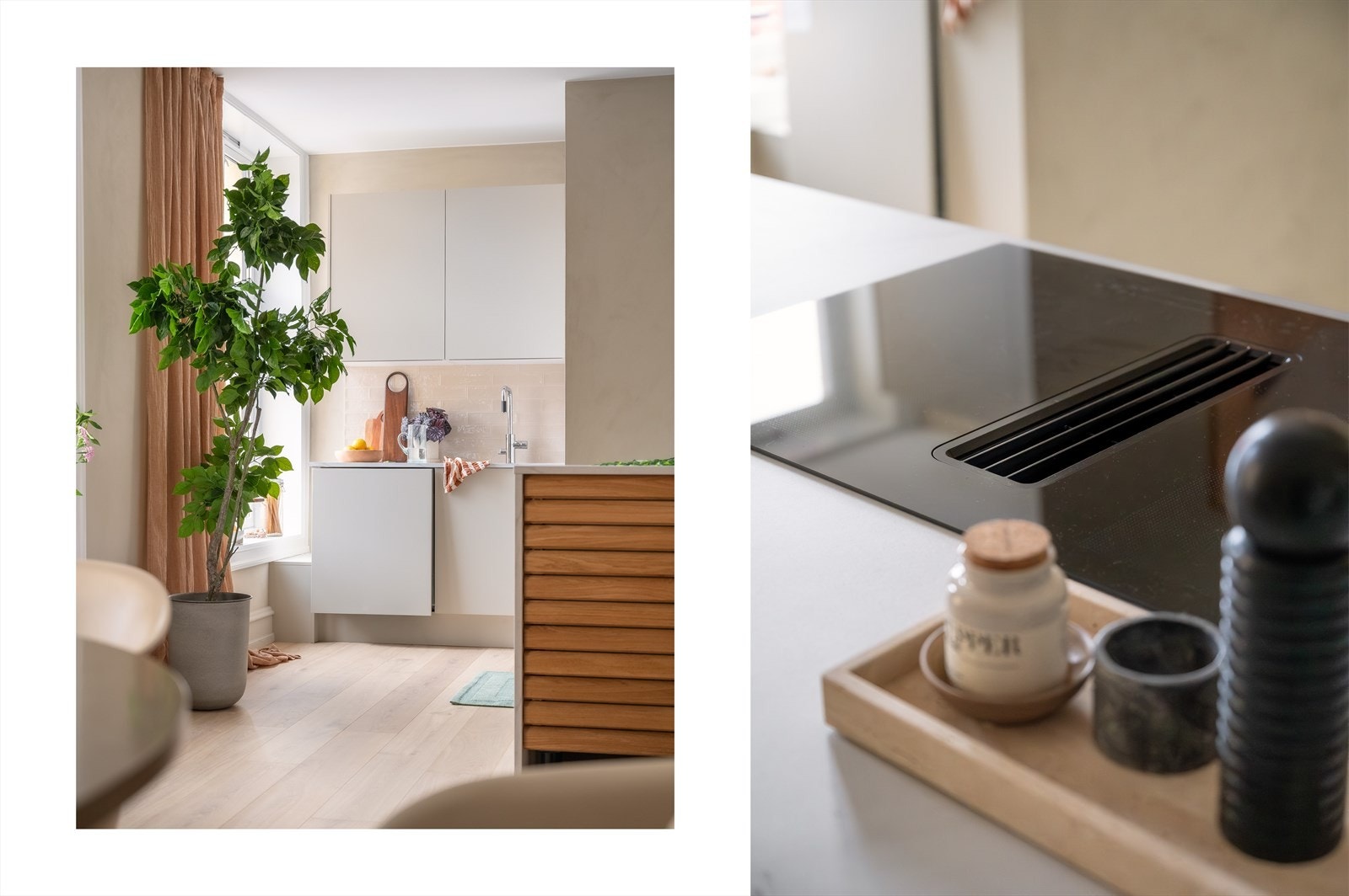 Du finner integrert komfyr, induksjonstopp med integrert avtrekksvifte, kjøleskap med fryser, og oppvaskmaskin. Galleribilde