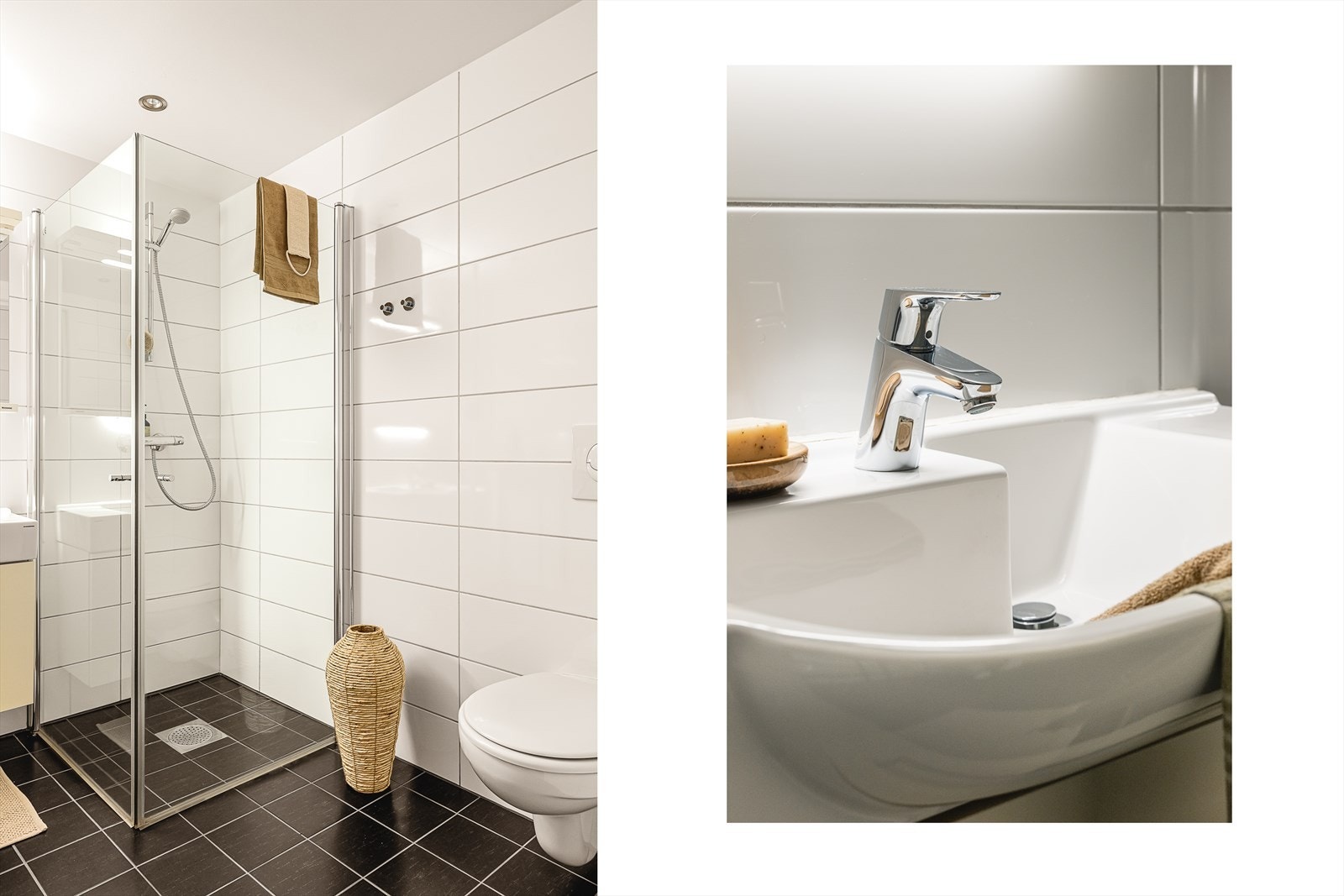 Innredet med vegghengt wc, innfellbare dusjdører i glass, servant i skuffeseksjon og speil med belysning. Galleribilde