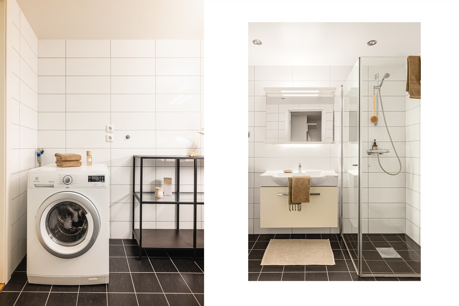 Herlig romslig bad (5,2 m²) gir rom for å innrede med ekstra hyller/skap for diverse baderomsartikler. Opplegg for vaskemaskin og tørketrommel. Galleribilde