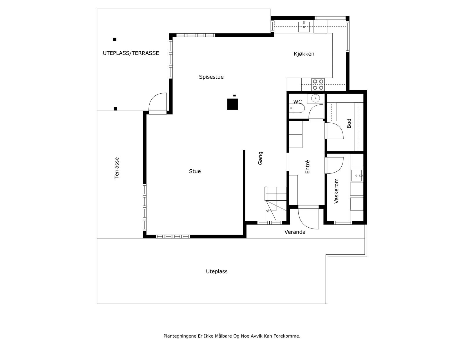 Plantegning av 1 etg: Entré, vaskerom, ekstra wc, bod, stue og kjøkken. Galleribilde