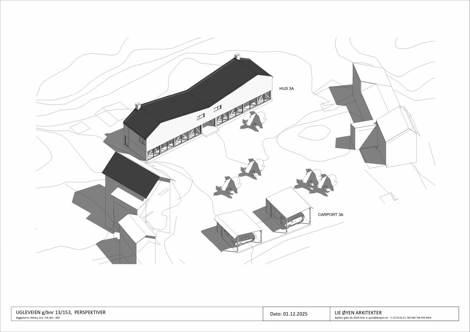 Med boenheten følger 2 parkeringsplasser i carport med tilknyttet sportsbod, denne vil bli oppført innen mai 2026. Det er forberedt for mulighet for el-bil-lader for hver boenhet Galleribilde