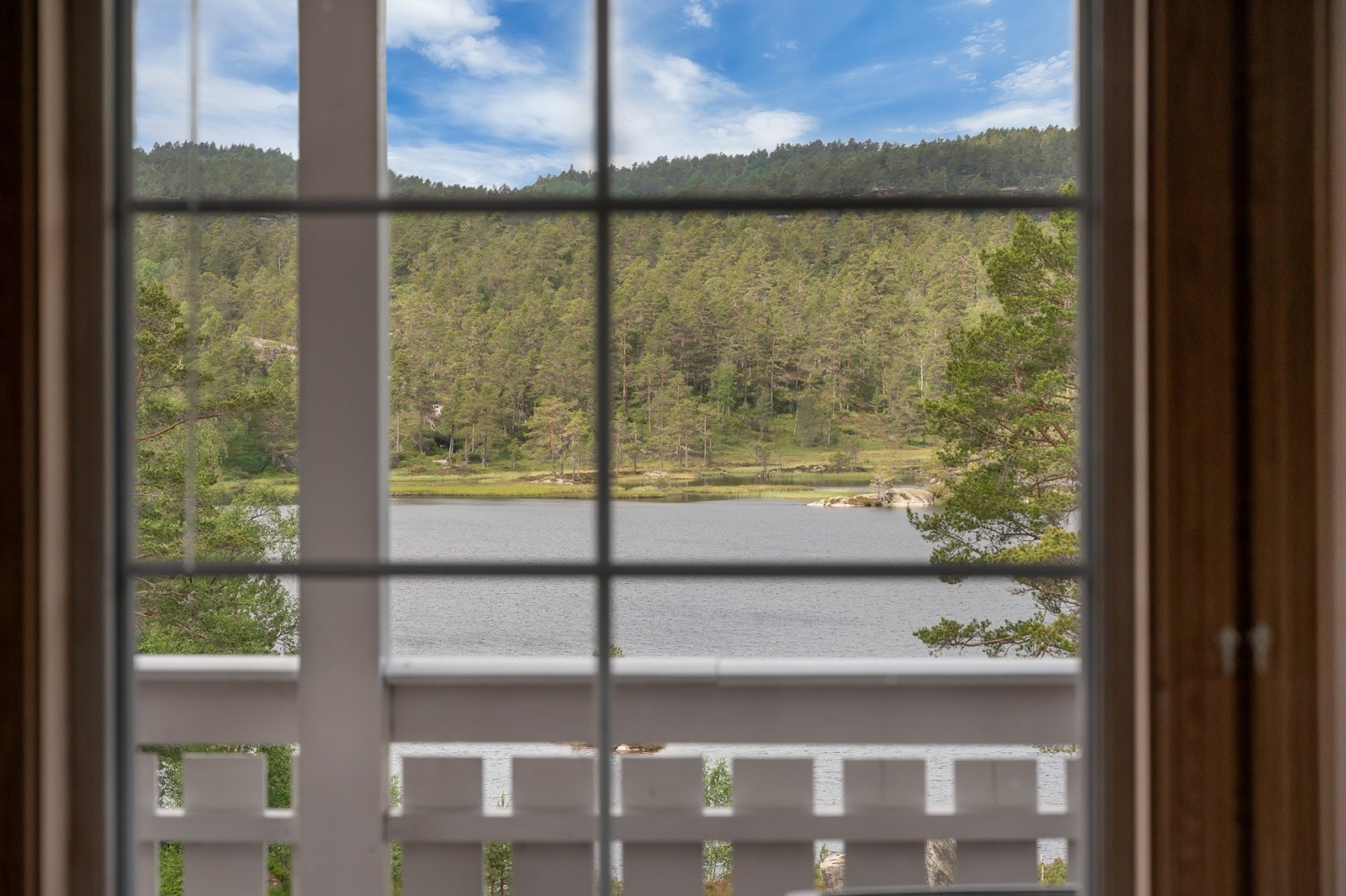 Herlig utsikt fra stue mot Stemvannet som byr på bade- og fiskemuligheter. Galleribilde