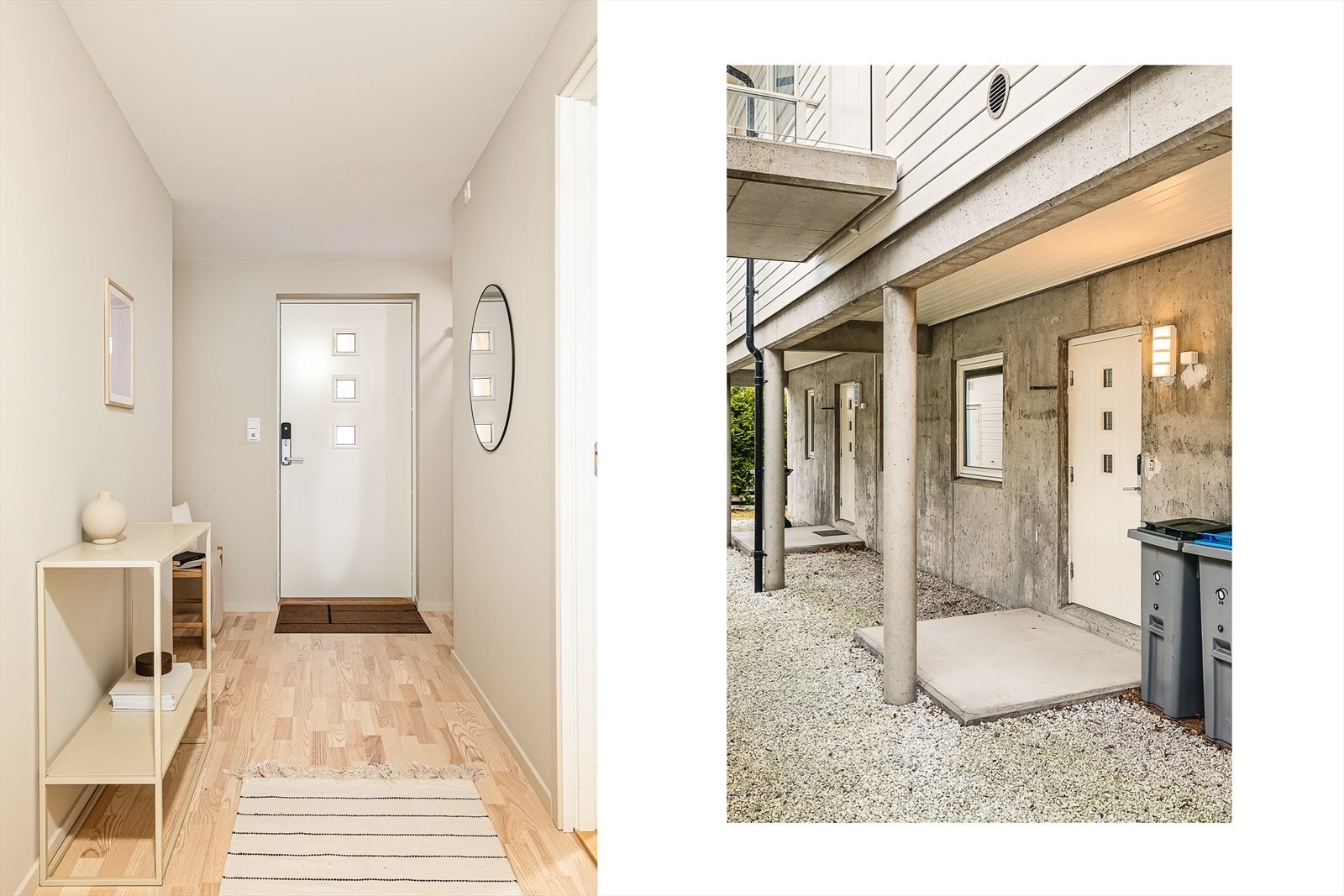 Det er overbygget inngangsparti, med egen inngangsdør til leiligheten. Enkelt og greit med kodelås på døren. Galleribilde