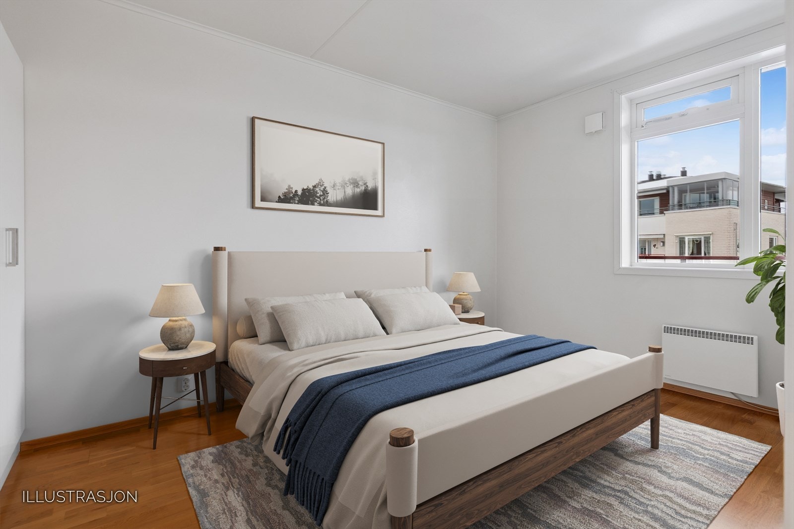 Leiligheten har to soverom. Her er hovedsoverommet. En innholdsrik garderobeløsning gir rikelig med oppbevaringsplass er plassert på hovedsoverommet. Galleribilde