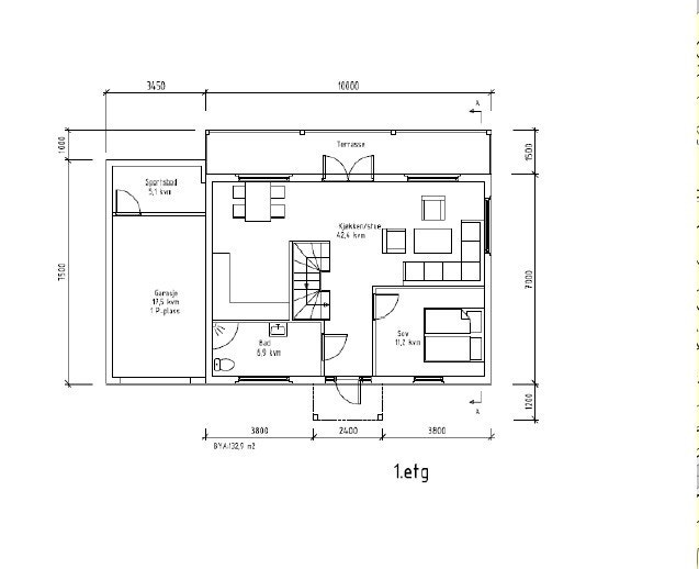 Mulig planløsning 1. etasje inkludert garasje. Galleribilde