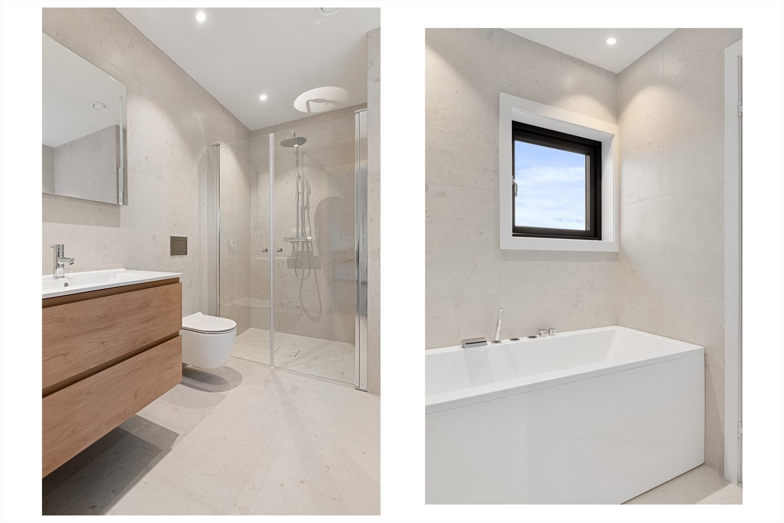 Badet innehar både badekar, samt stor dusj utstyrt med regfallsdusj og glassdører Galleribilde