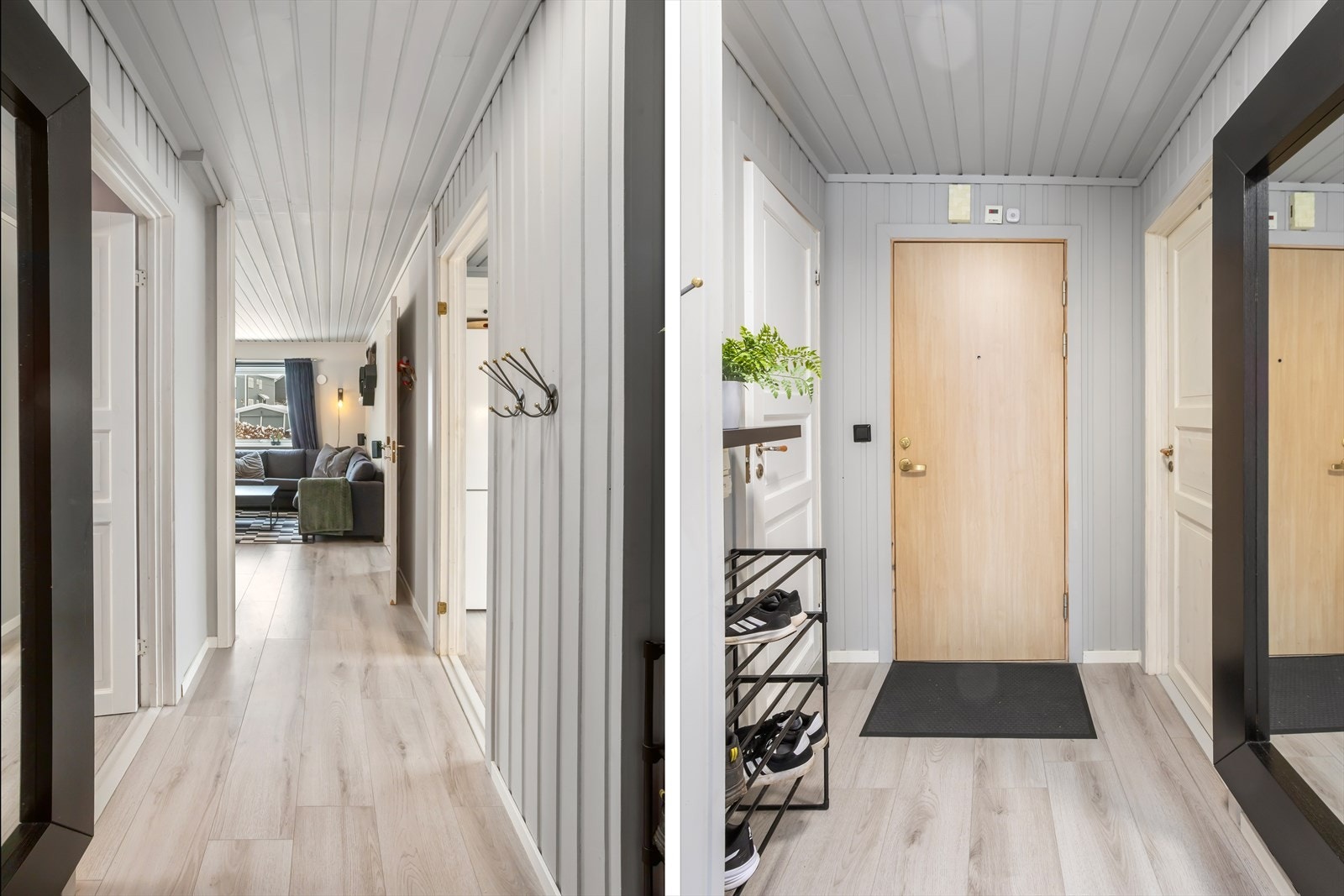 Velkommen inn i en praktisk entré med plass til både oppheng av yttertøy og sko Galleribilde