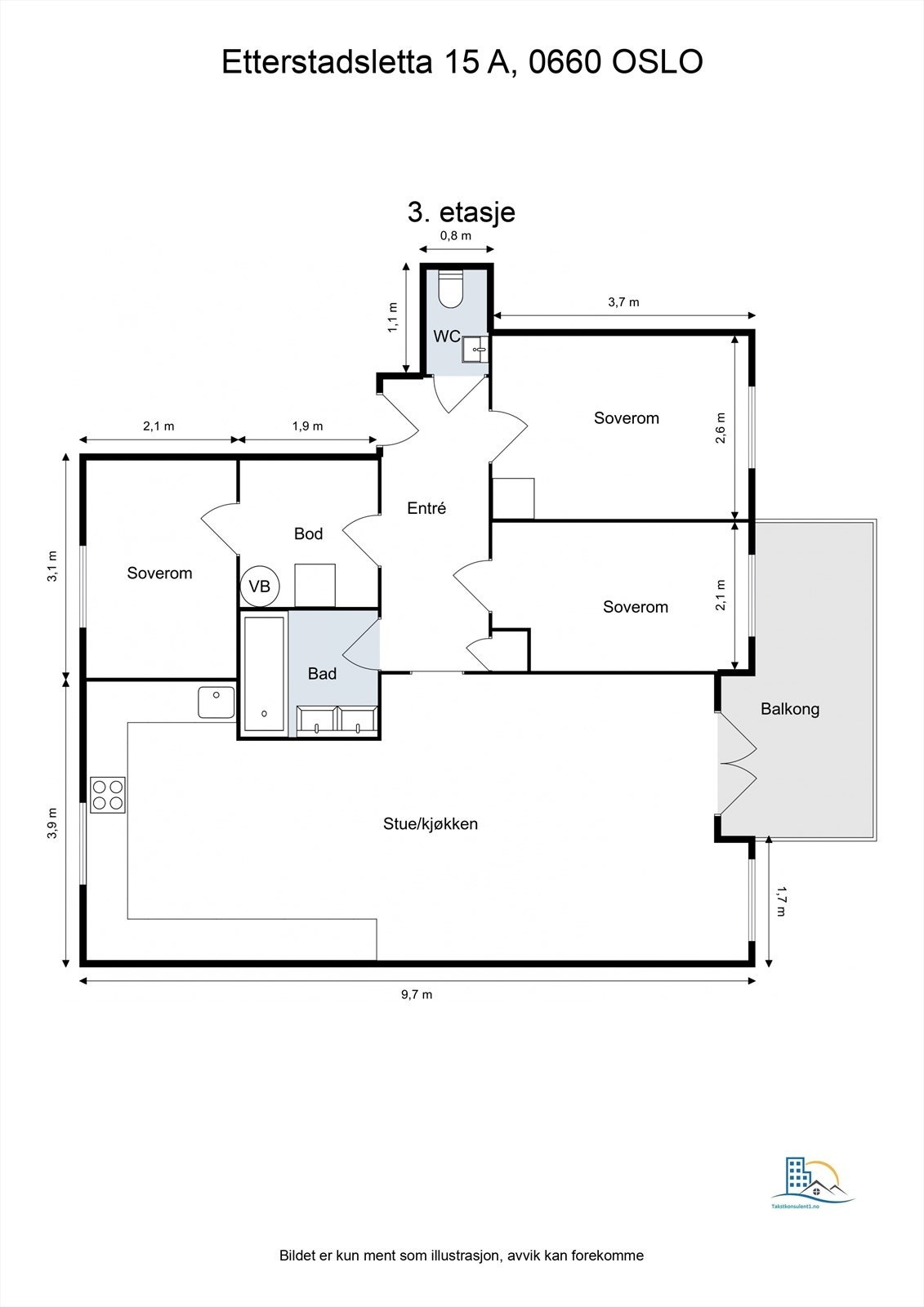 En gjennomtenkt planløsning med tre soverom og en åpen, sosial sone for stue og kjøkken. Galleribilde
