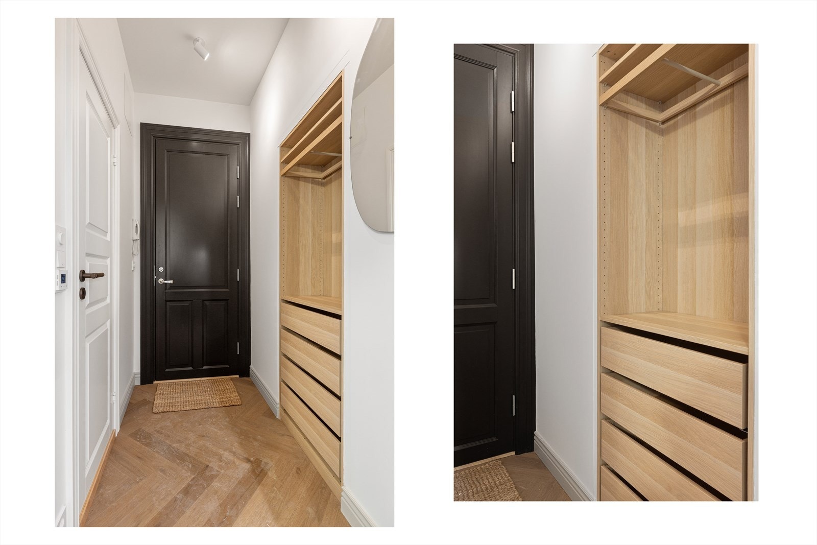 Entré med naturlig plass for oppbevaring av sko og yttertøy i praktisk innebygd garderobeløsning. Det er installert porttelefon. Galleribilde