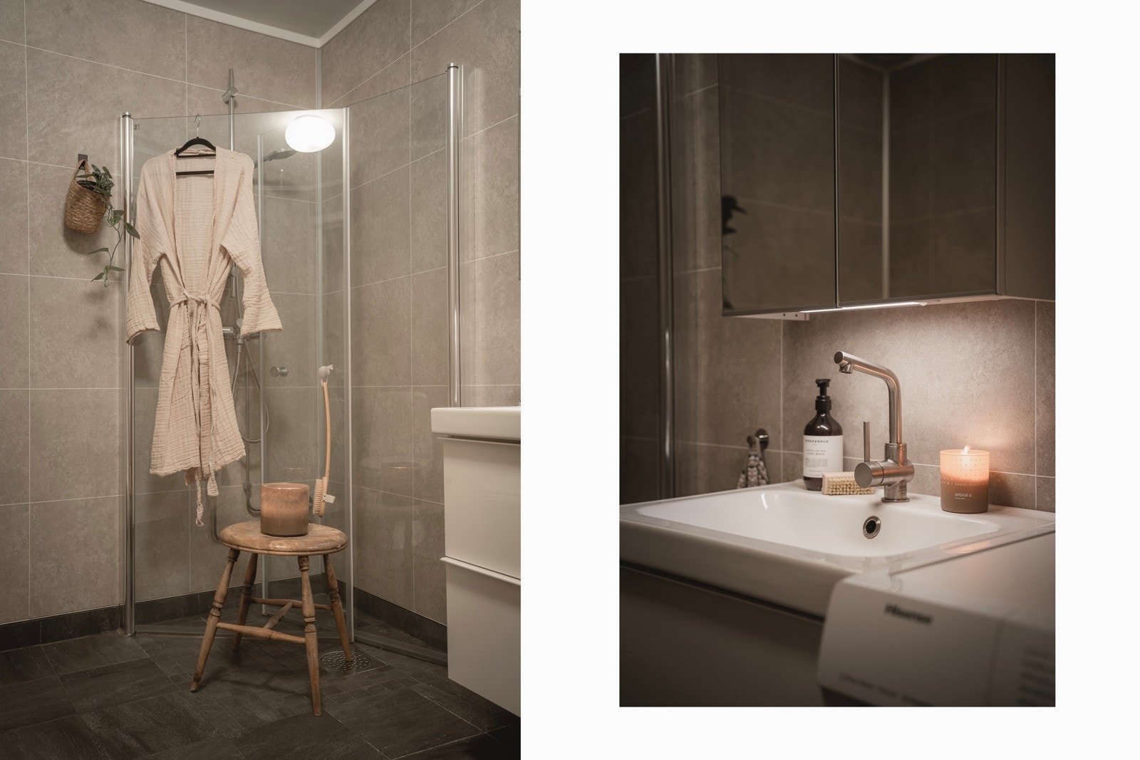 Baderomsinnredning med oppbevaringsplass. Nye dusjdører og blandebatteri i 2023.