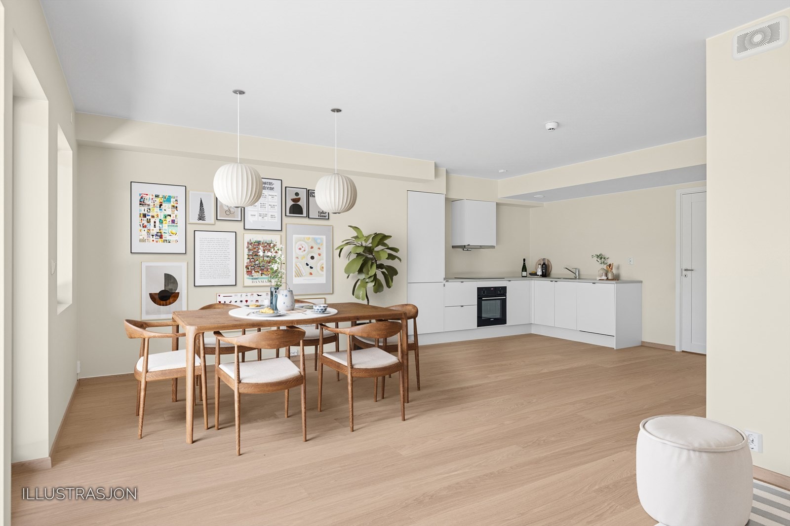 Illustrasjon: Møblene er illustrert inn i bildet. Romslig kjøkken fra Svane med integrerte hvitevarer. God plass til familiemiddager og hyggelig selskap. Velkommen til visning. Galleribilde