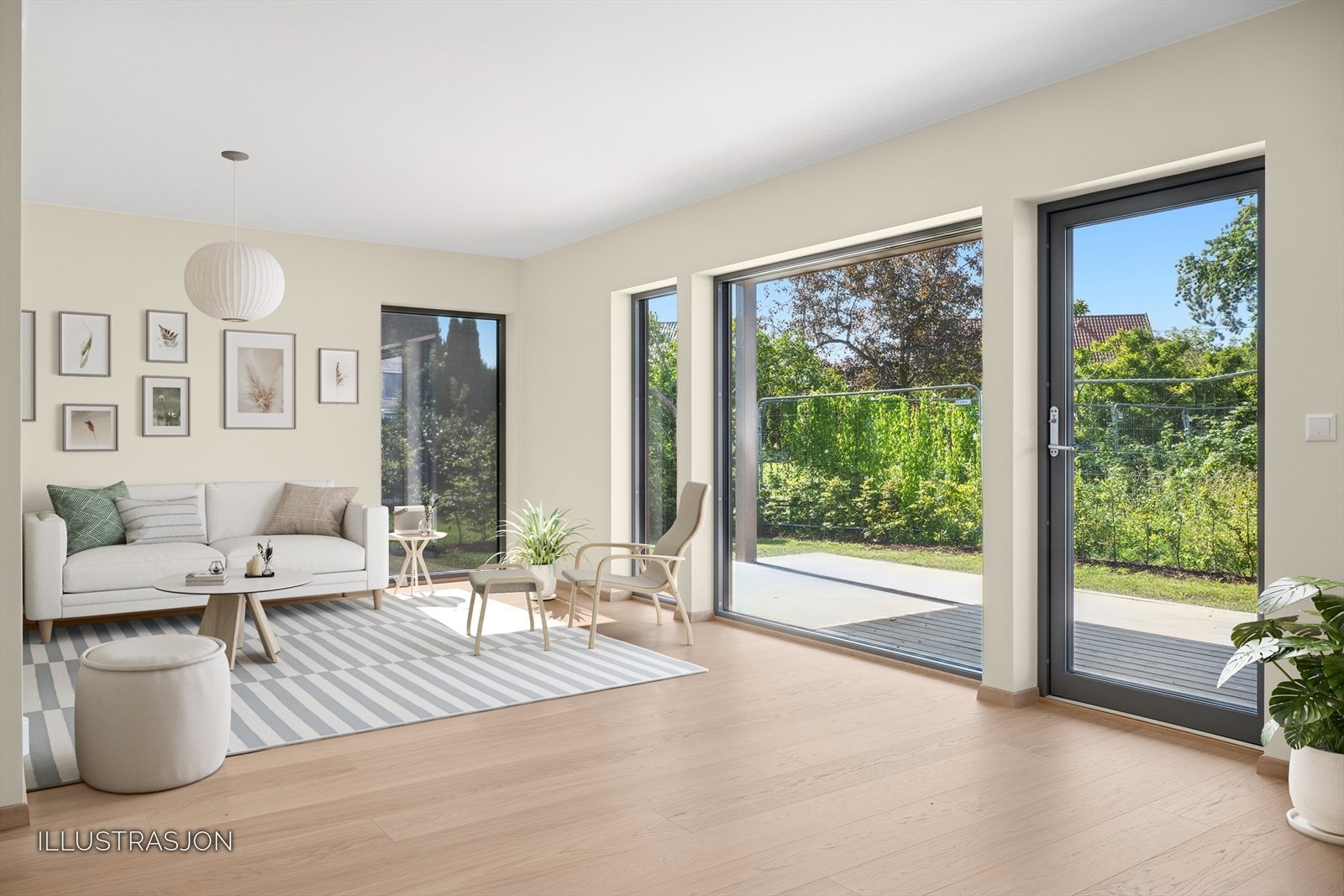 llustrasjon. Møbler er illustret i bildet. Romslig stue med utgang til stor uteplass på ca 20 kvm. Beliggende sørvest med gode solforhold. Kontakt megler for visning! Galleribilde