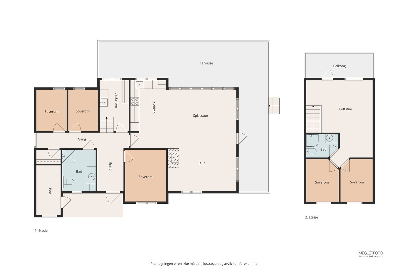 Planløsningen over to etasjer med totalt fem soverom og to bad. Galleribilde