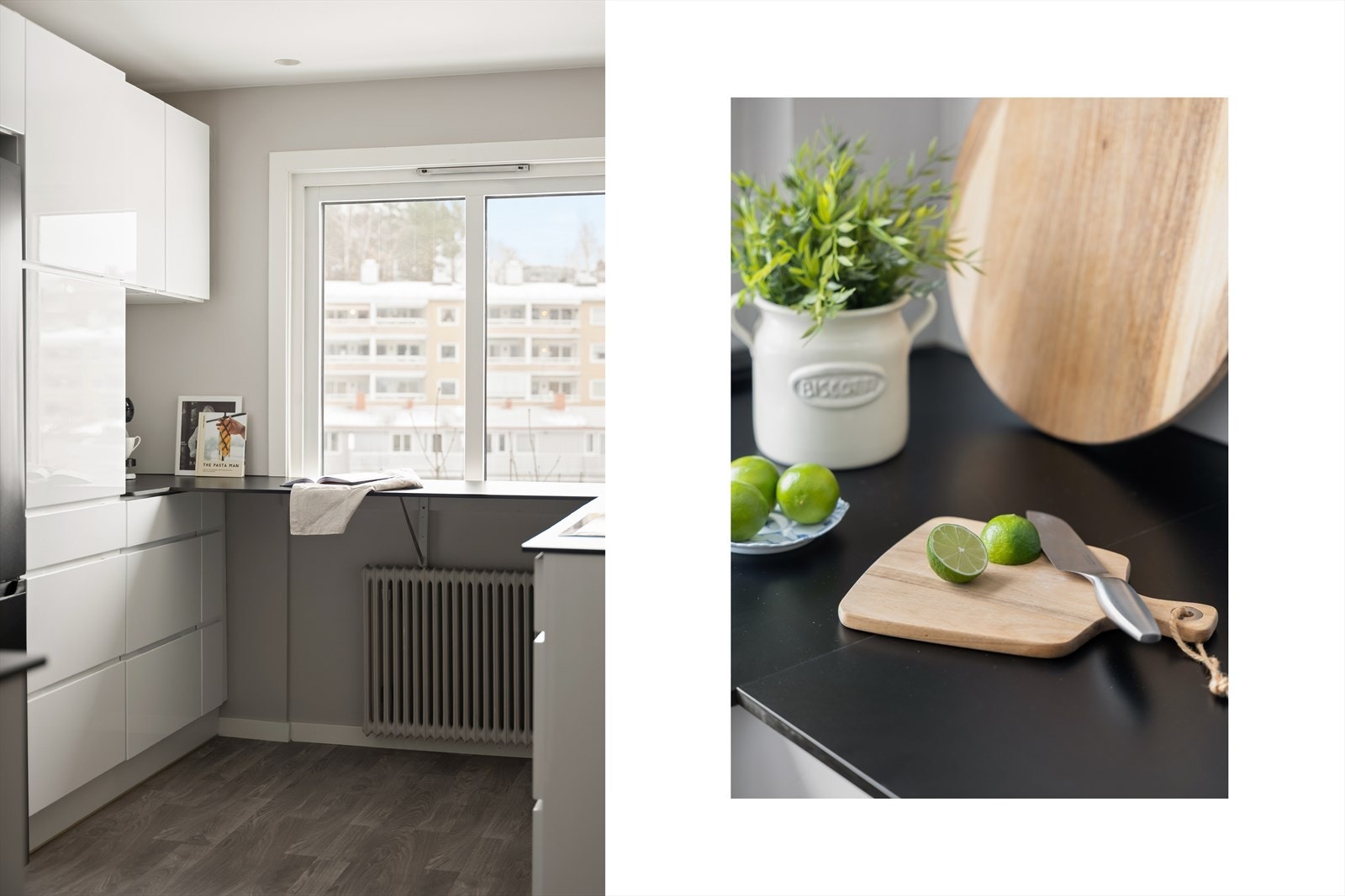 Innredningen er fra KVIK i hvit høyglans, med laminert benkeplate som gir en fin kontrast og god arbeidsflate. Galleribilde