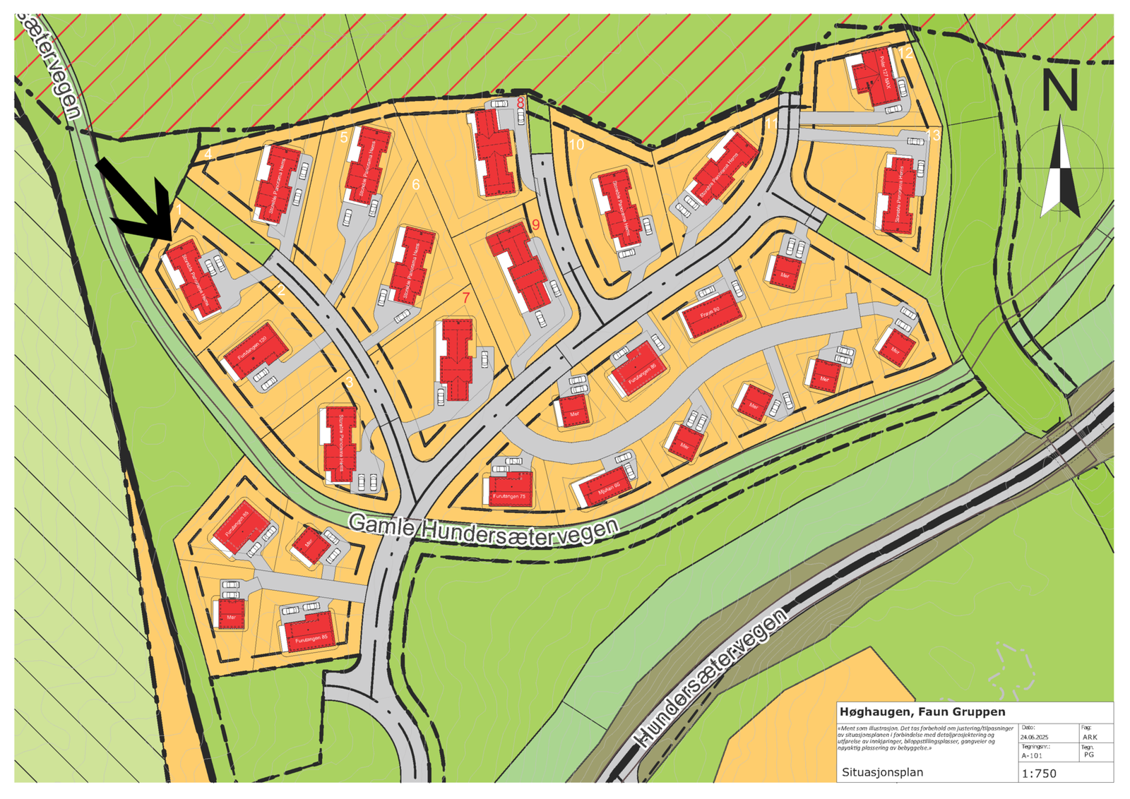 Tomtekart med hyttemodeller illustrert. Annonsen gjelder tomt 1 Galleribilde