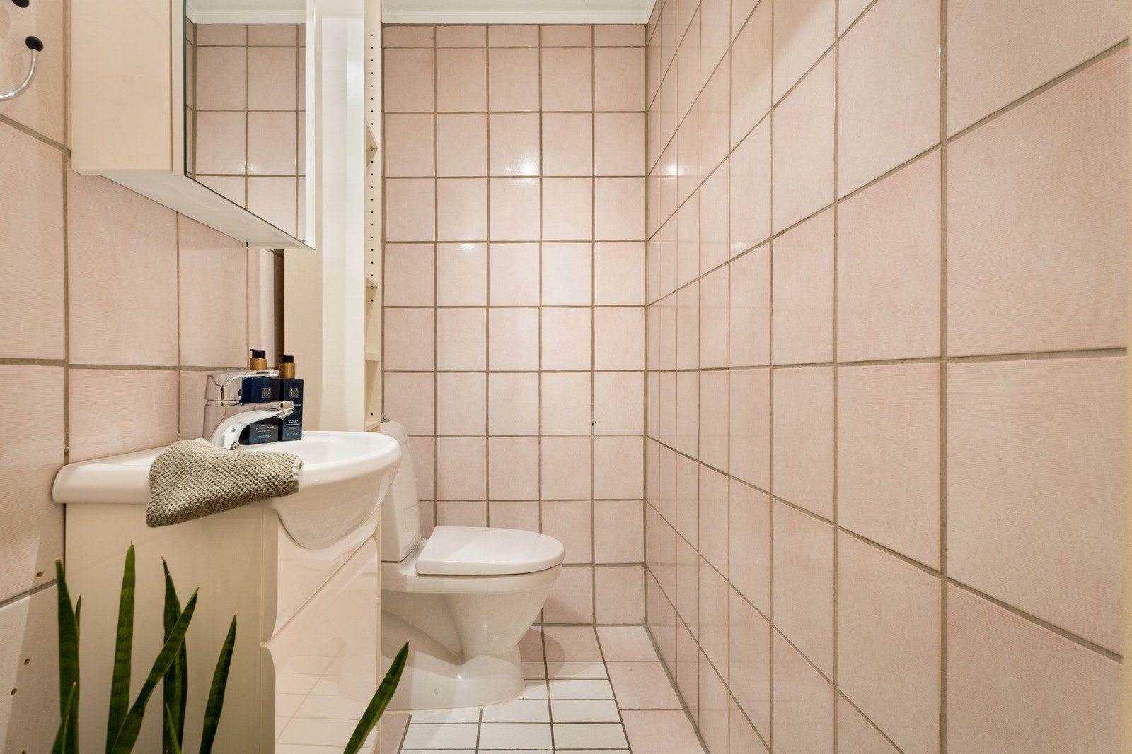 Separat toalettrom som er flislagt, innredet med toalett, servant og overskap med speil. Galleribilde