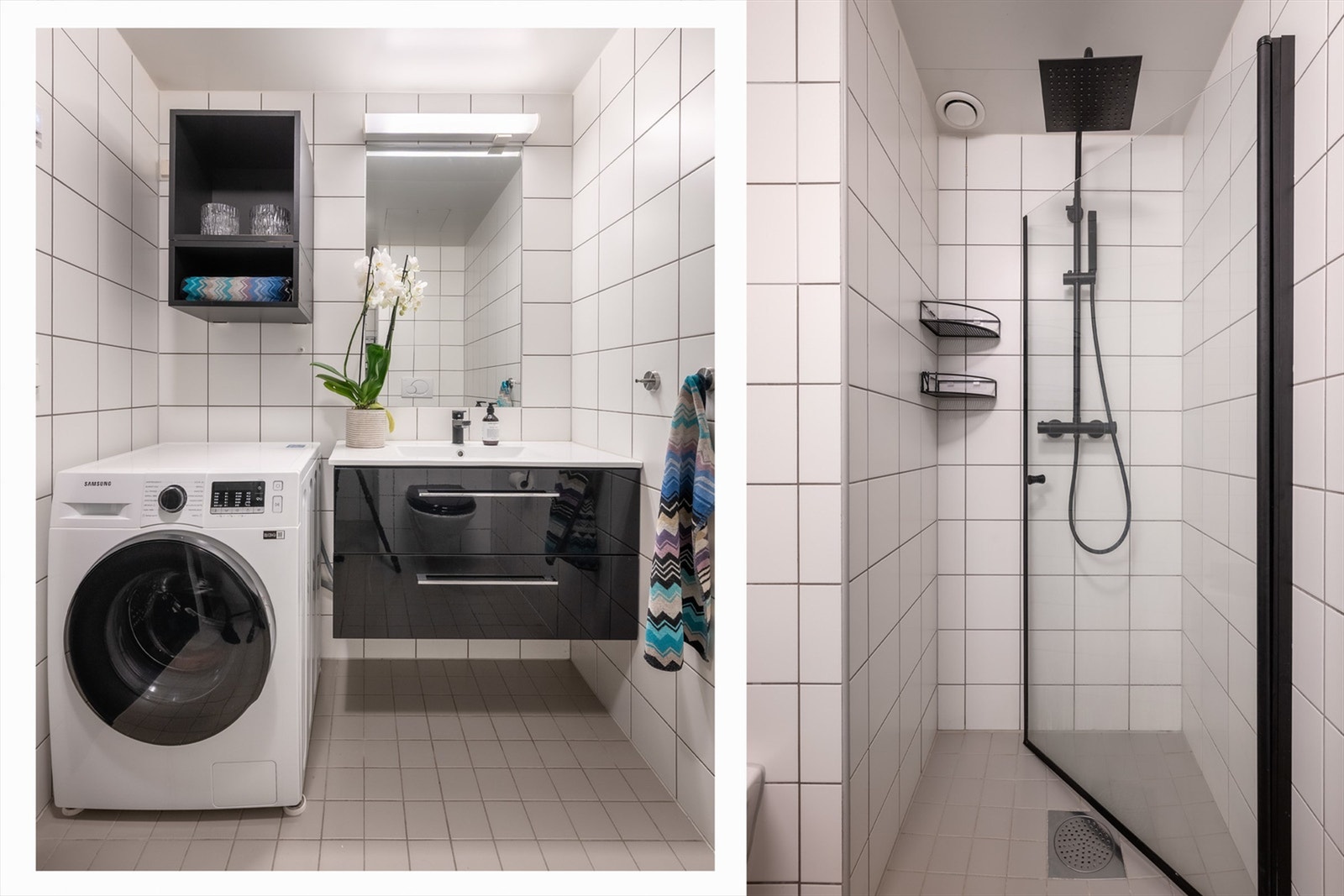 Dusjnisje med takdusj og hengslet glassdør (fra 2020). Galleribilde