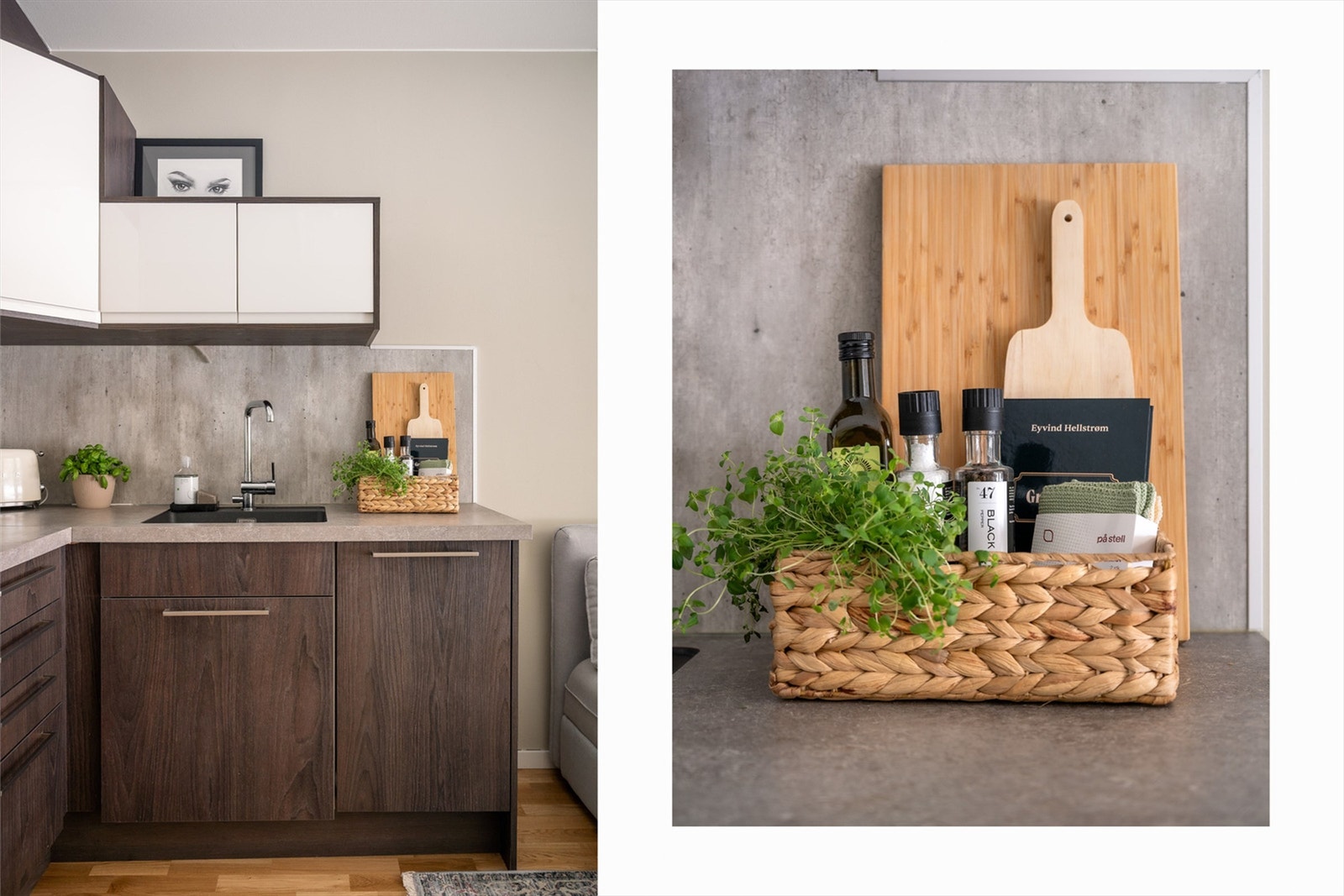 Integrert induksjon platetopp, stekeovn og oppvaskmaskin.Ventilator med avtrekk og utkast over tak. Kitchenboard på vegg over benkeplate. Galleribilde