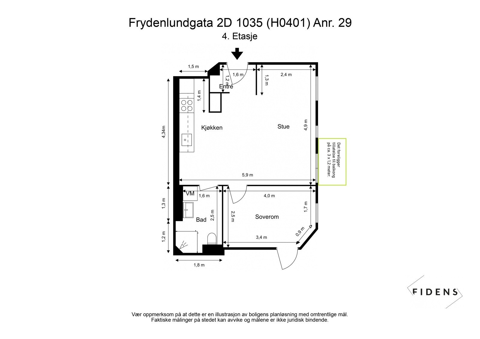 Plantegning med illustrasjon av balkong som det foreligger tillatelse til å bygge. Illustrasjonen er kun ment som inspirasjon, og faktisk utførelse kan avvike. Galleribilde