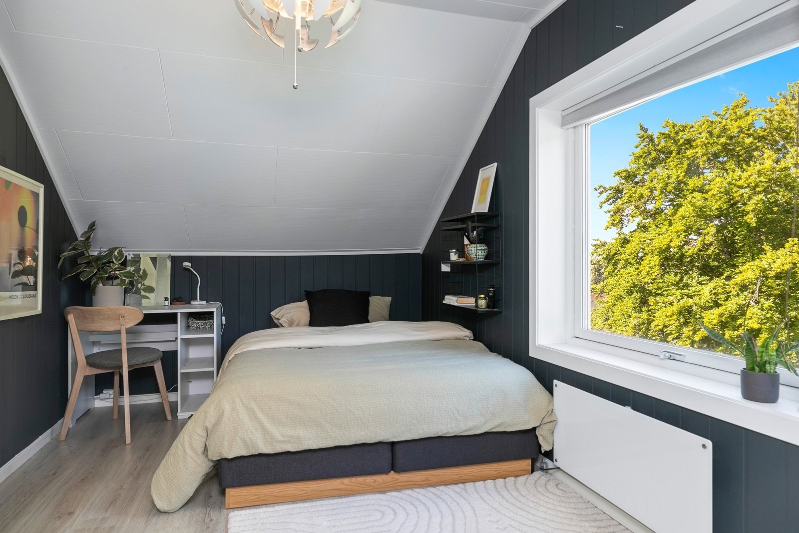 Romslig soverom med skråtak og naturlig lysinnslipp. Galleribilde