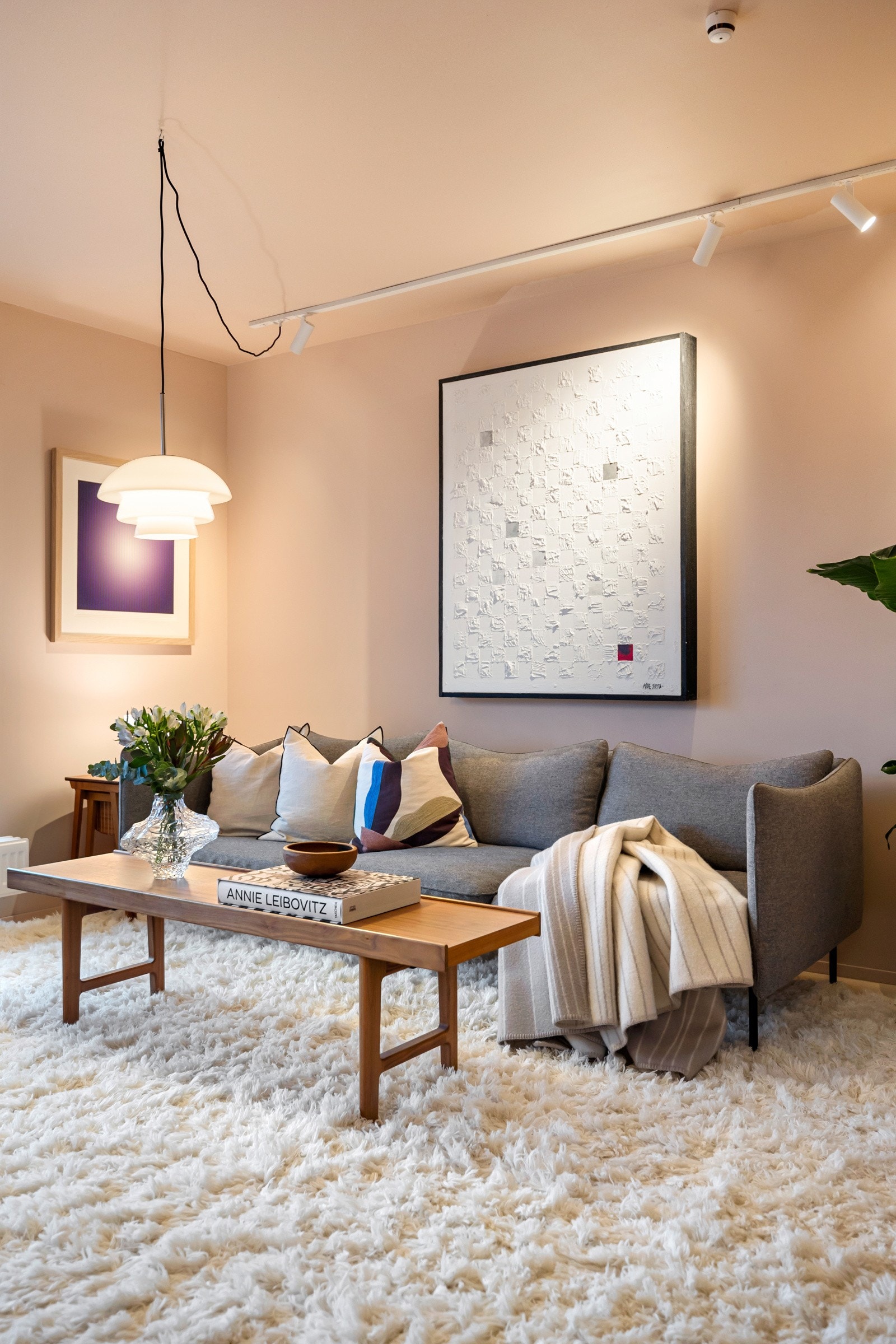 Stuen har skjult oppheng for TV og skinnebelysning med praktiske valgmuligheter for lyssetting Galleribilde