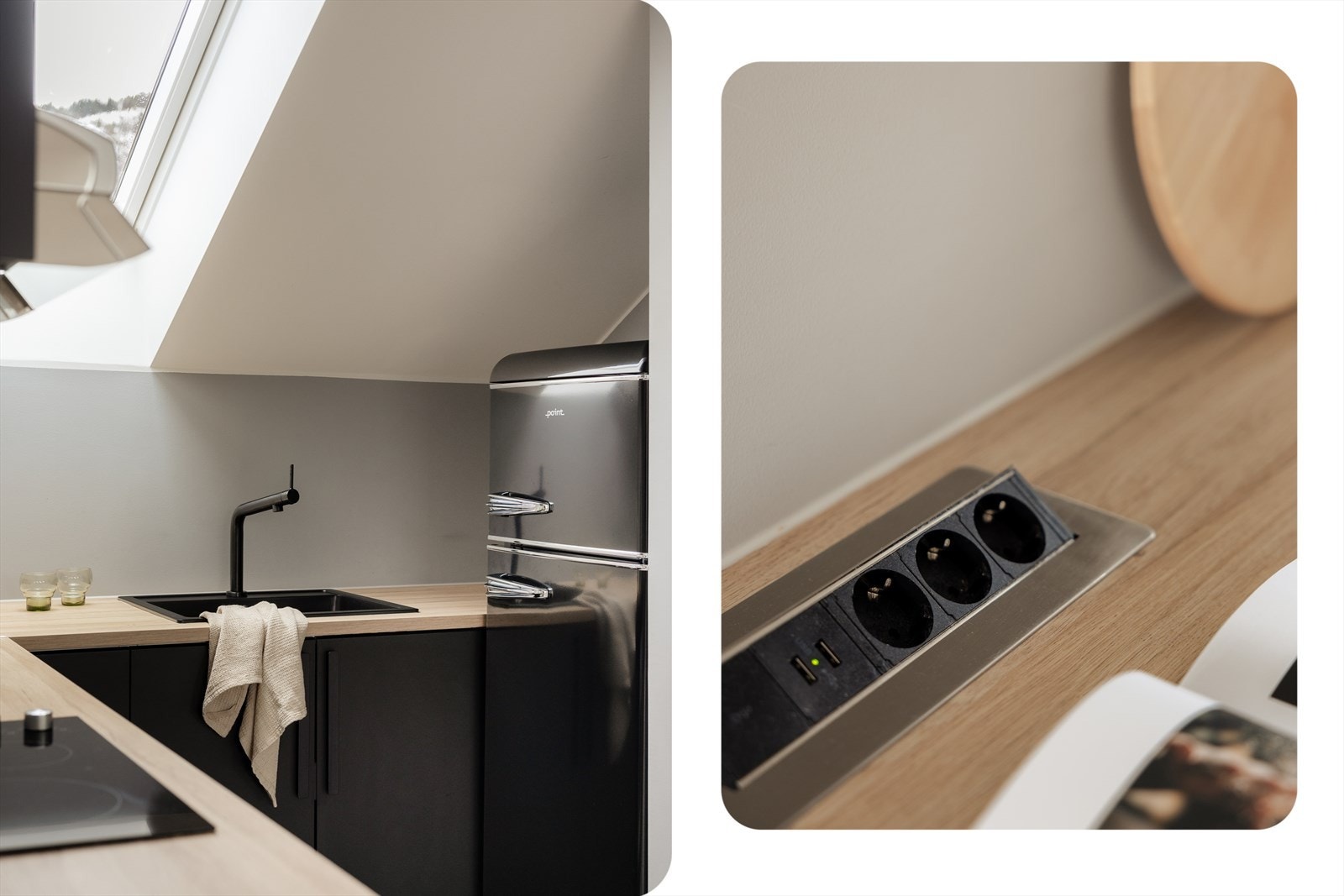 Av integrerte hvitevarer finnes keramisk platetopp, stekeovn og oppvaskmaskin Galleribilde