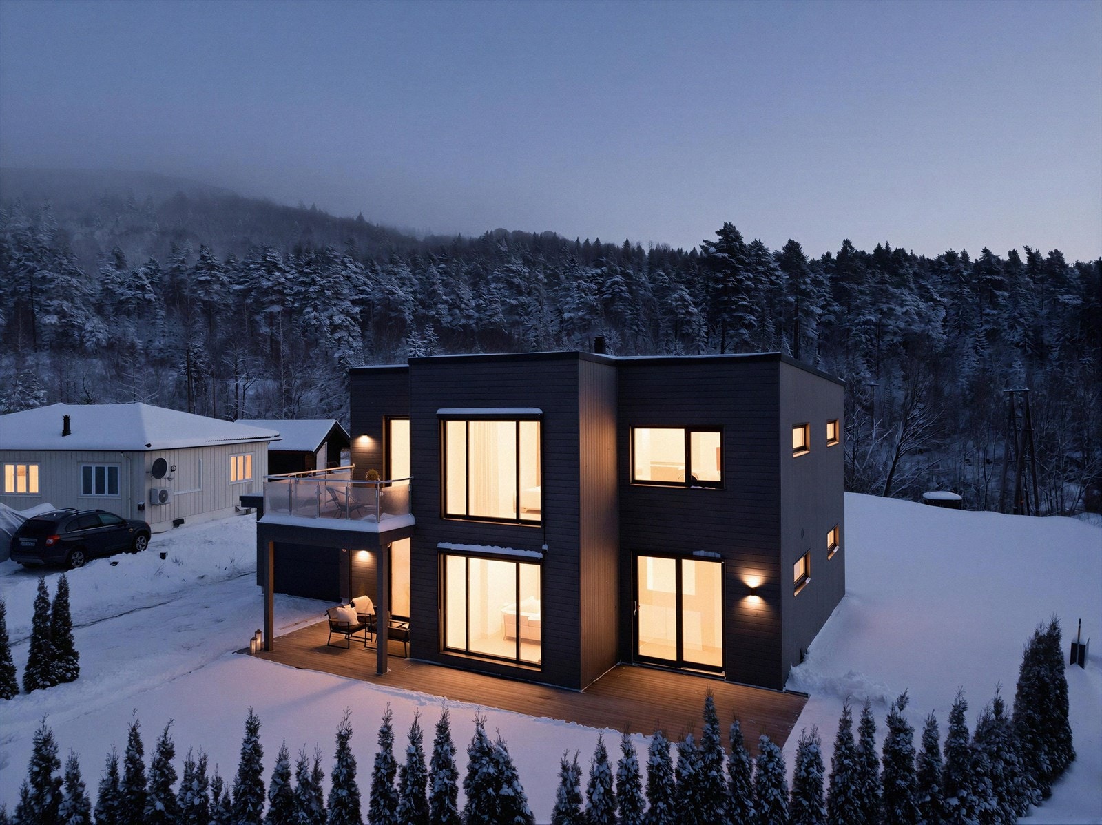 Boligen er nyoppført (2021) og har en fin planløsning over to etasjer. (Bildet er redigert, faktiske lysforhold kan variere.) Galleribilde