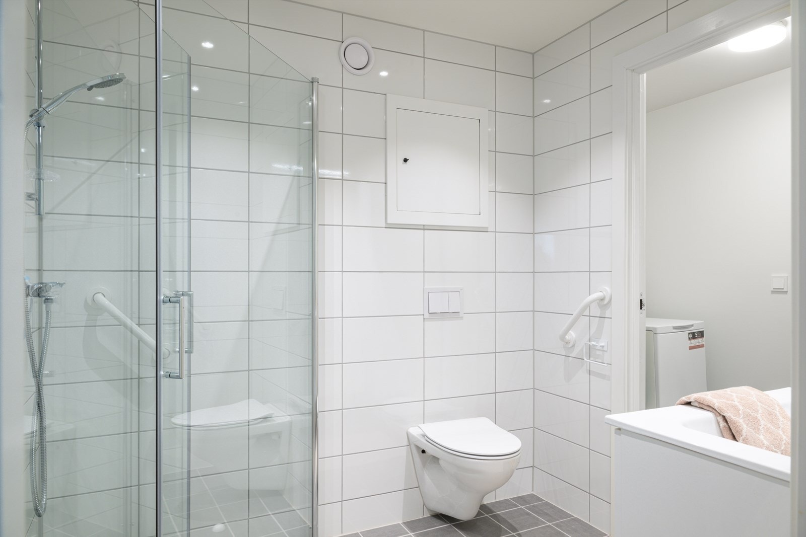 Vegghengt toalett samt inngang til leilighetens vaskerom Galleribilde